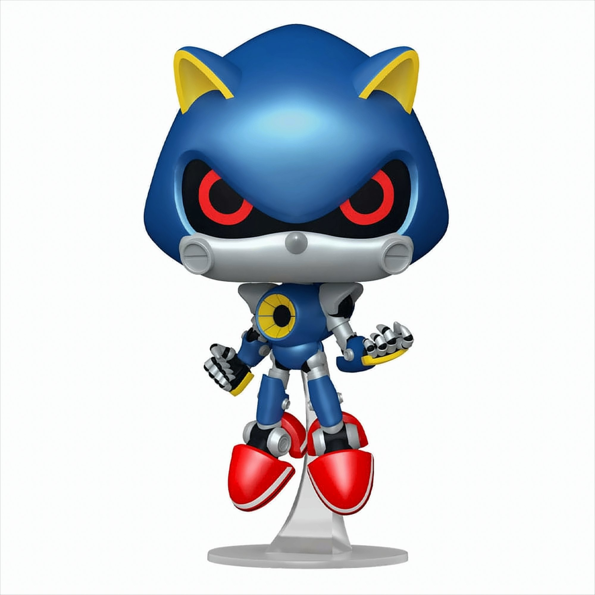 Figura de juguete de Metal Sonic, un robot azul con acentos amarillos, ojos rojos y zapatos rojos, de pie sobre una base.