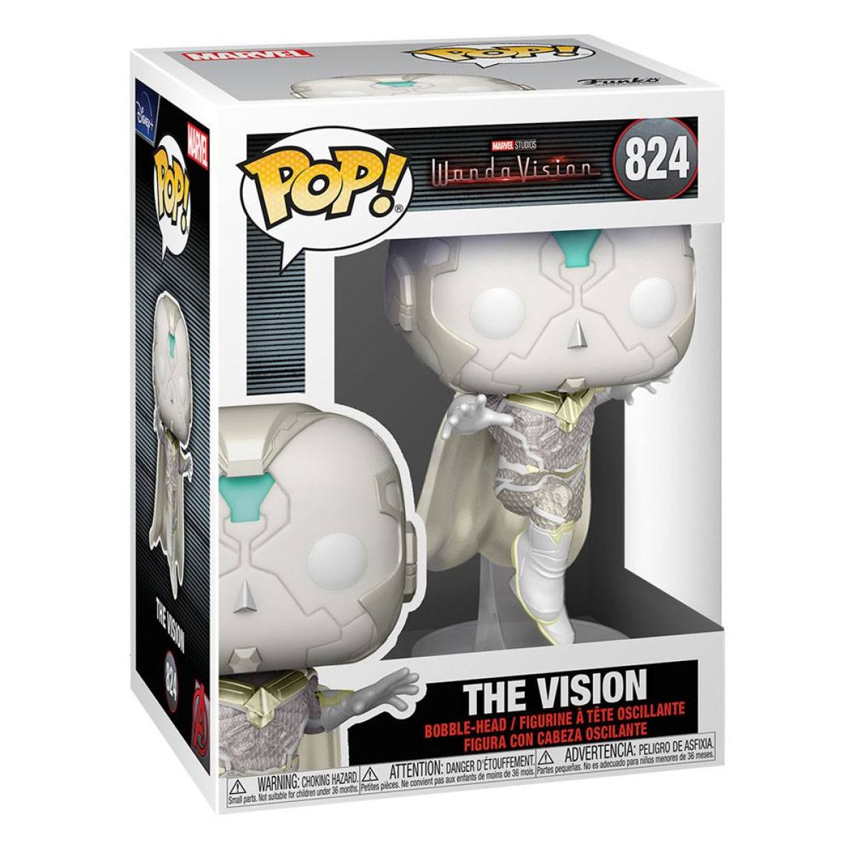 Figura Funko Pop di The Vision in una scatola. La figura è bianca e oro.