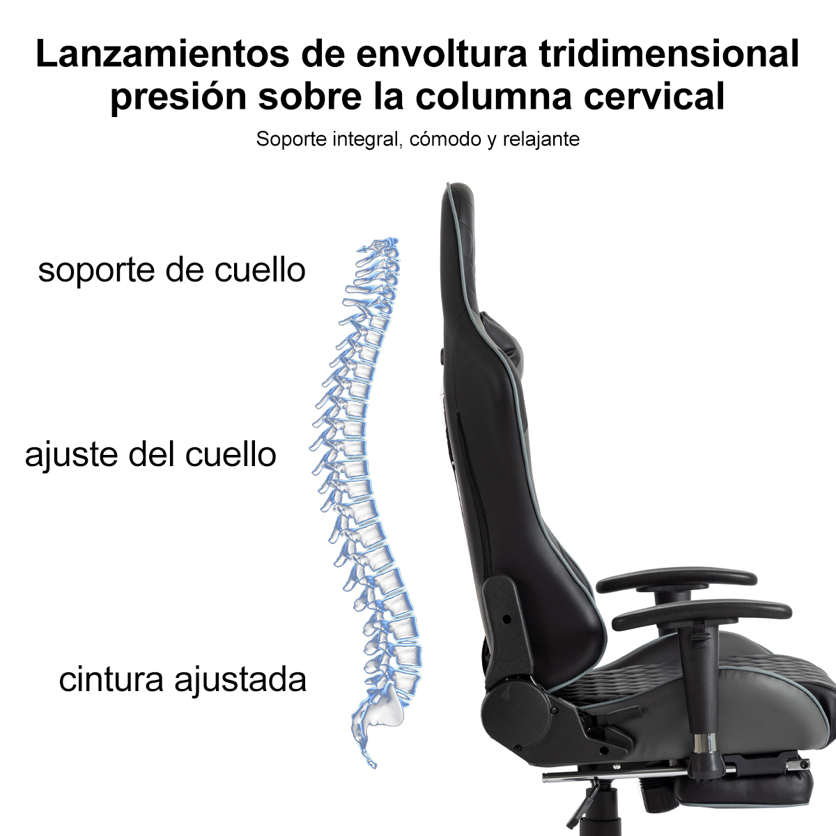 Ilustración de una silla con soporte para la columna vertebral y una columna humana. La silla es negra.