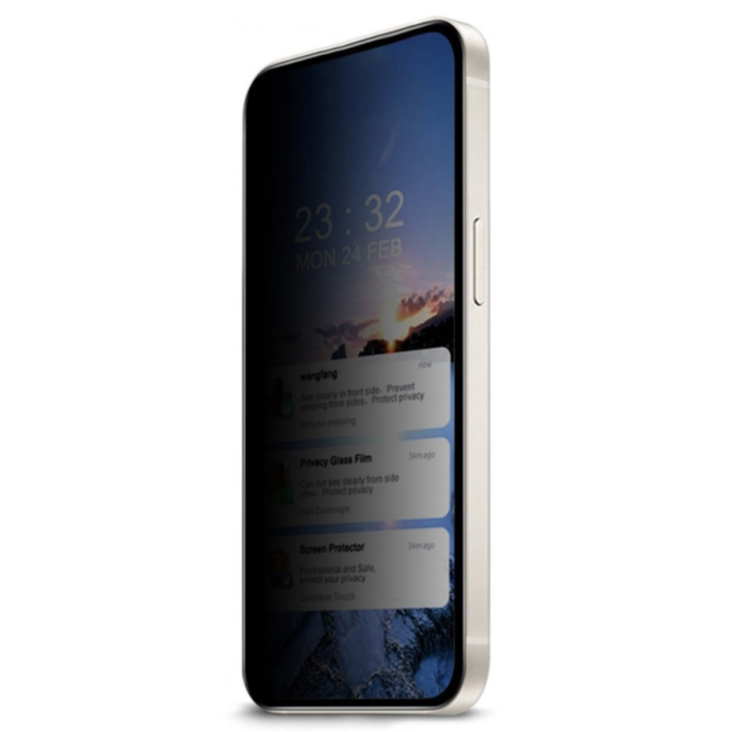 Ein Smartphone mit Displayschutz. Der Bildschirm zeigt eine Uhrzeit und Benachrichtigungen.
