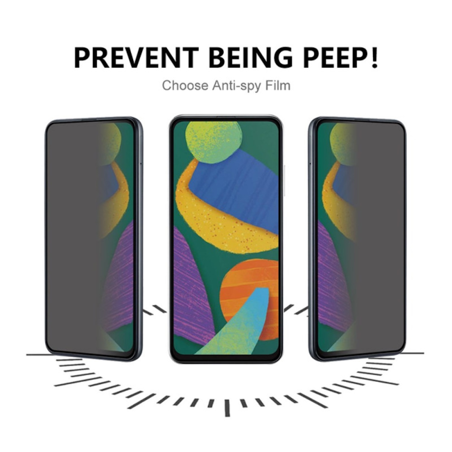 Drei Smartphones mit angebrachter Anti-Spionage-Folie, die verschiedene Bildschirmanzeigen zeigen.