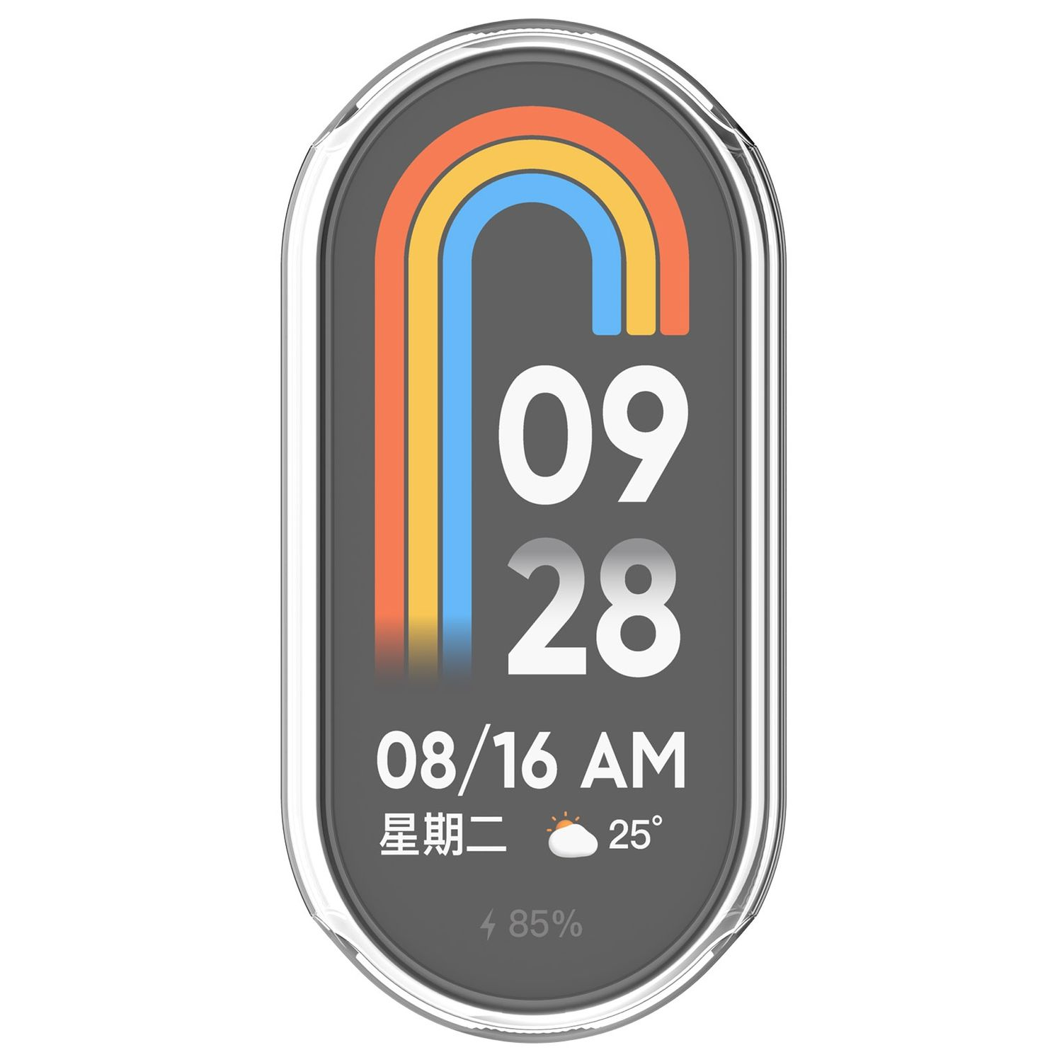 Eine Smartwatch-Oberfläche mit Datum, Uhrzeit, Akku und einem regenbogenfarbenen Bogen.