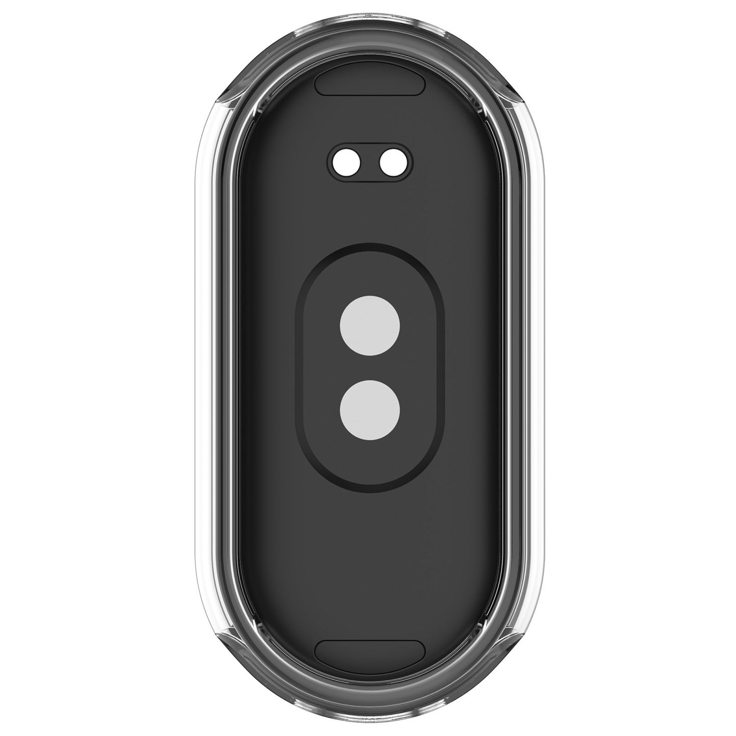 Eine schwarze Smartband-Hülle mit klarem Rand, zwei Kreisen oben und einer unten.