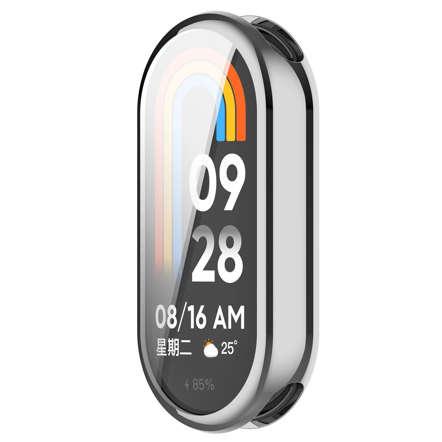Smartwatch mit Bildschirm, der Datum und Uhrzeit anzeigt, in einem silbernen und schwarzen Rahmen.