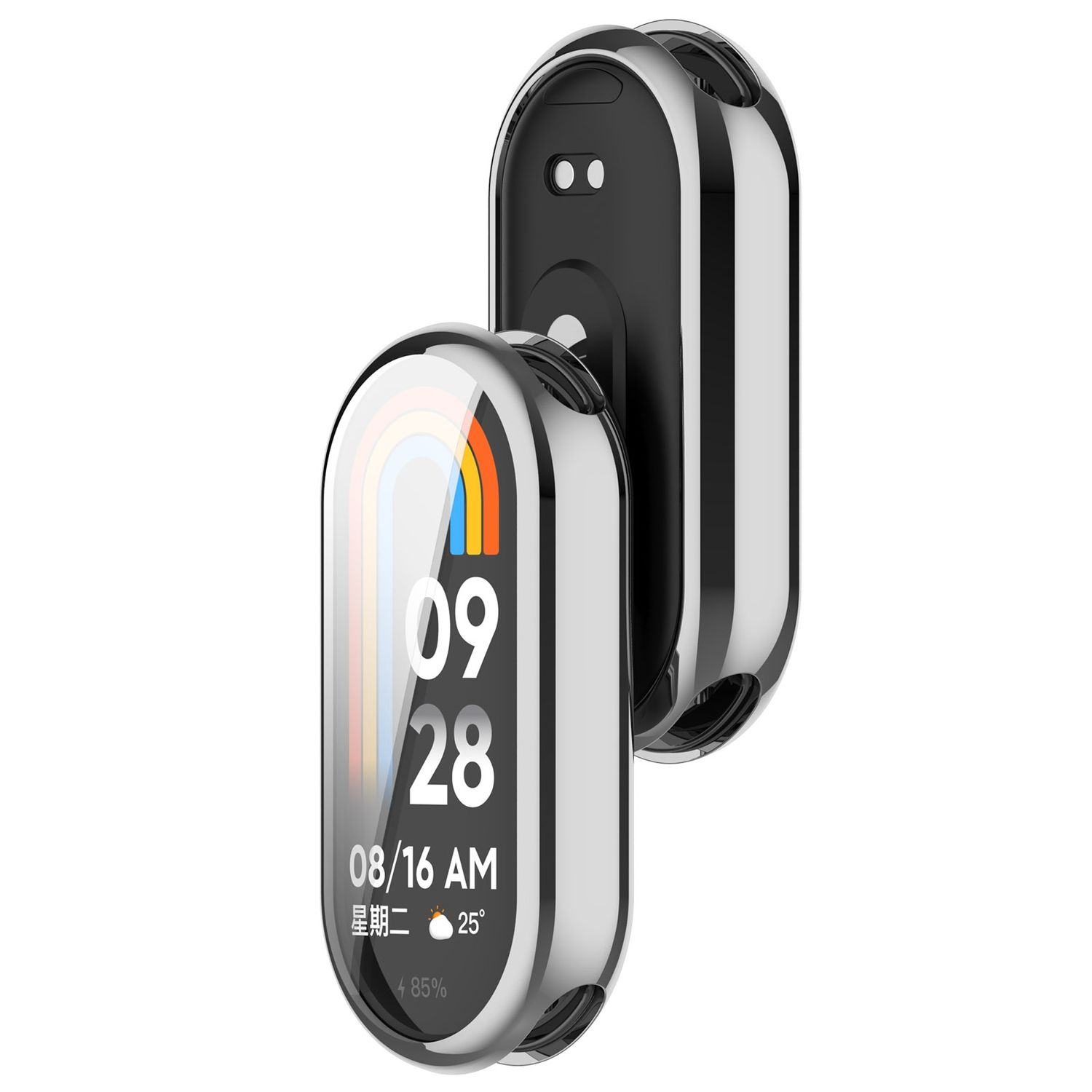 Eine Smartwatch mit schwarzem Armband und Gehäuse, das Datum und einen Regenbogenverlauf anzeigt.