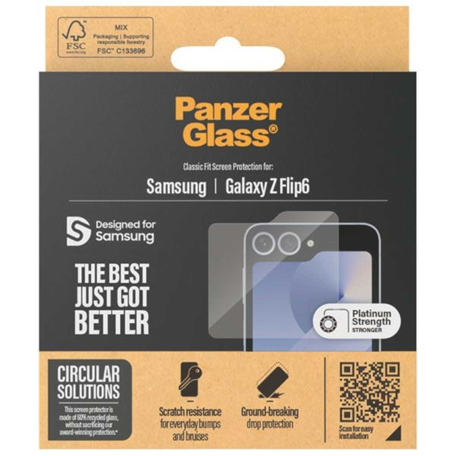 PanzerGlass Displayschutzbox mit Text und einem Telefonbild. Schwarze und orange Farben.