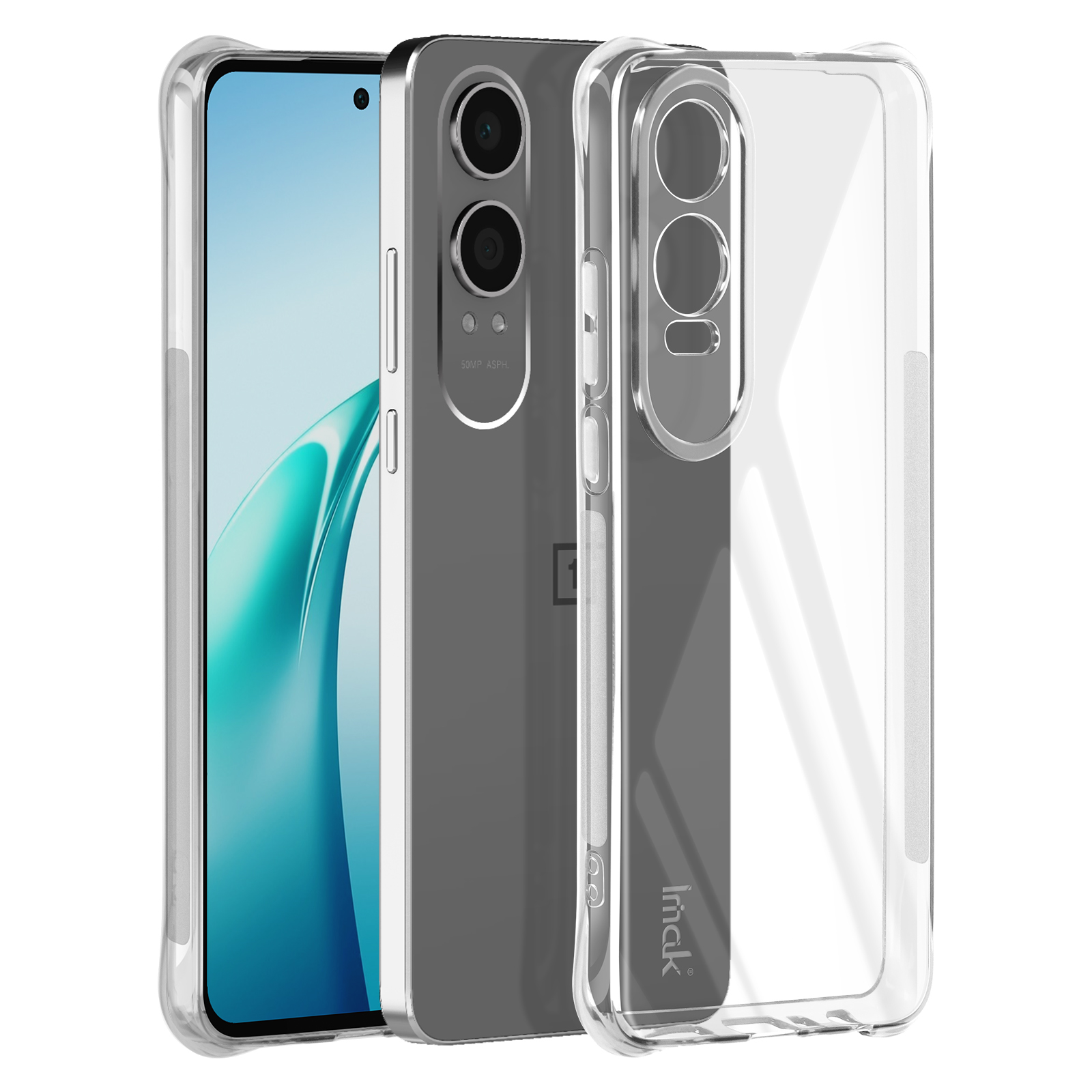 Due telefoni con custodie trasparenti. Uno mostra uno schermo. L'altro ha una fotocamera e una custodia trasparente.