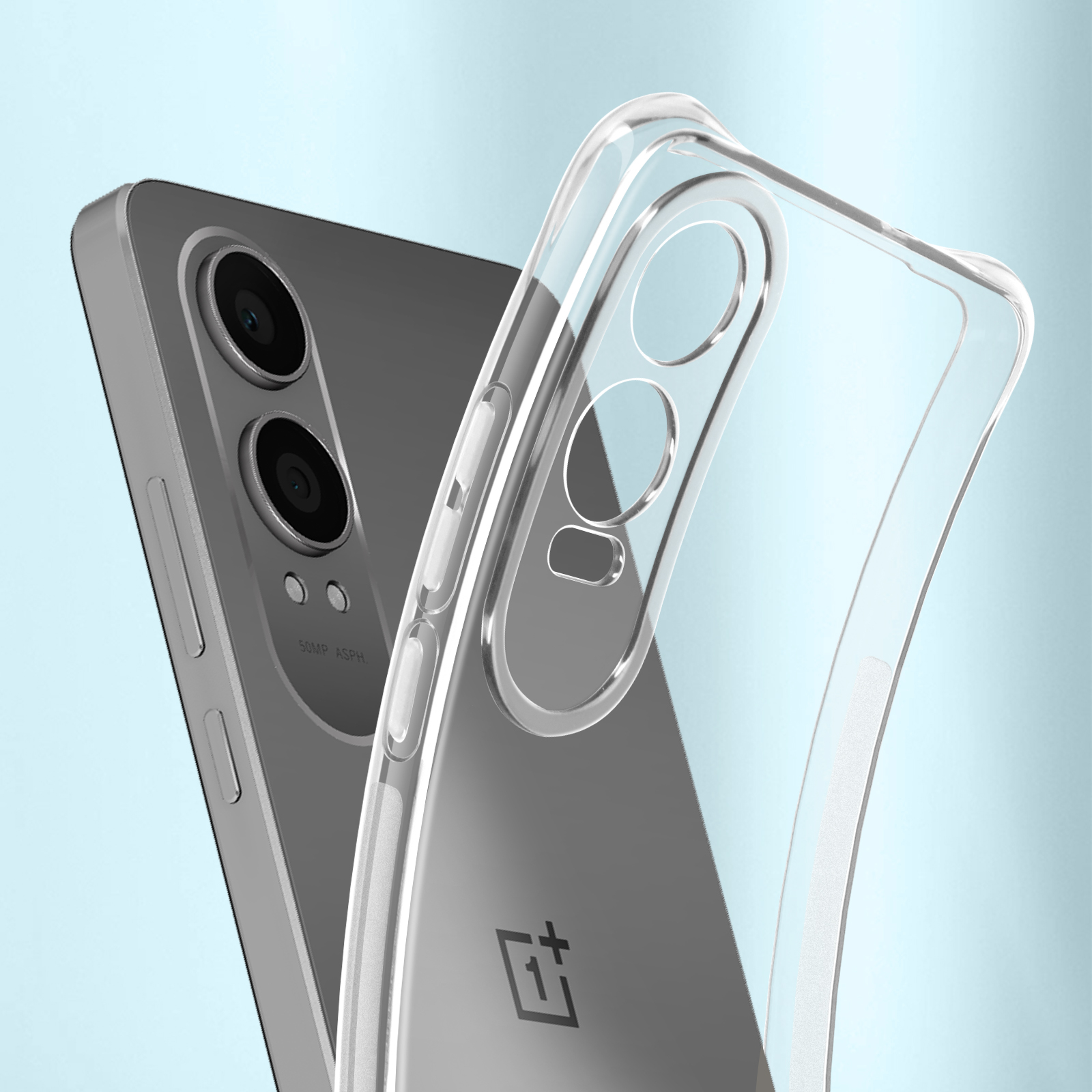 Una custodia trasparente per telefono accanto a un telefono con due fotocamere. Sfondo azzurro.