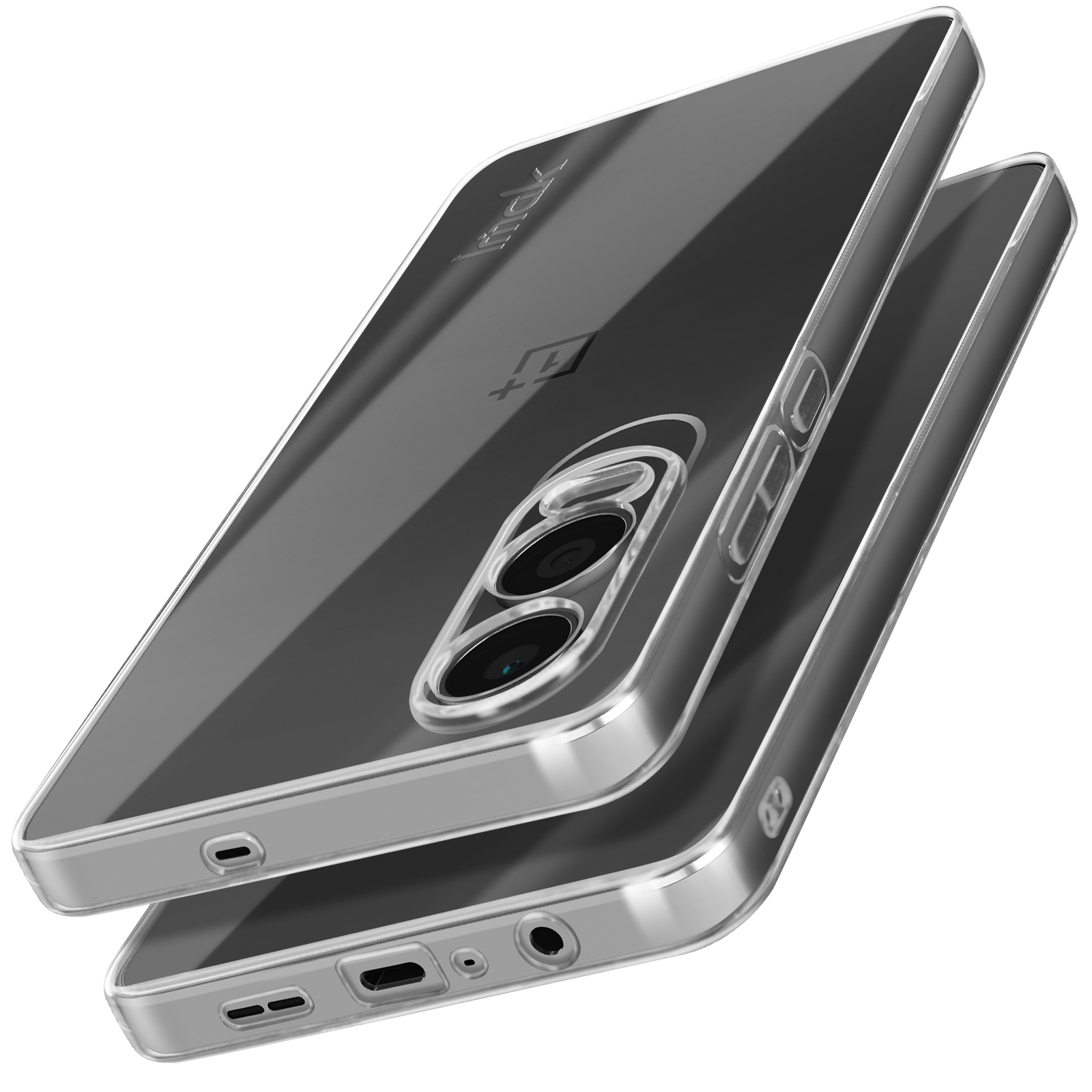 Custodia trasparente su un telefono, con obiettivi della fotocamera visibili.