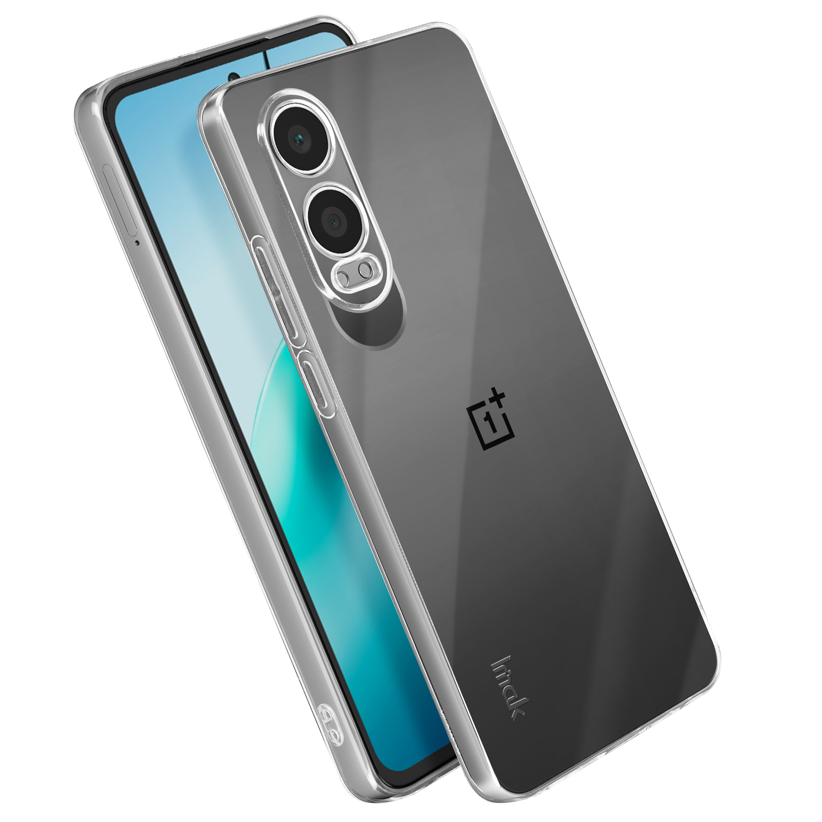Una custodia trasparente per telefono con un telefono all'interno, con il logo OnePlus.
