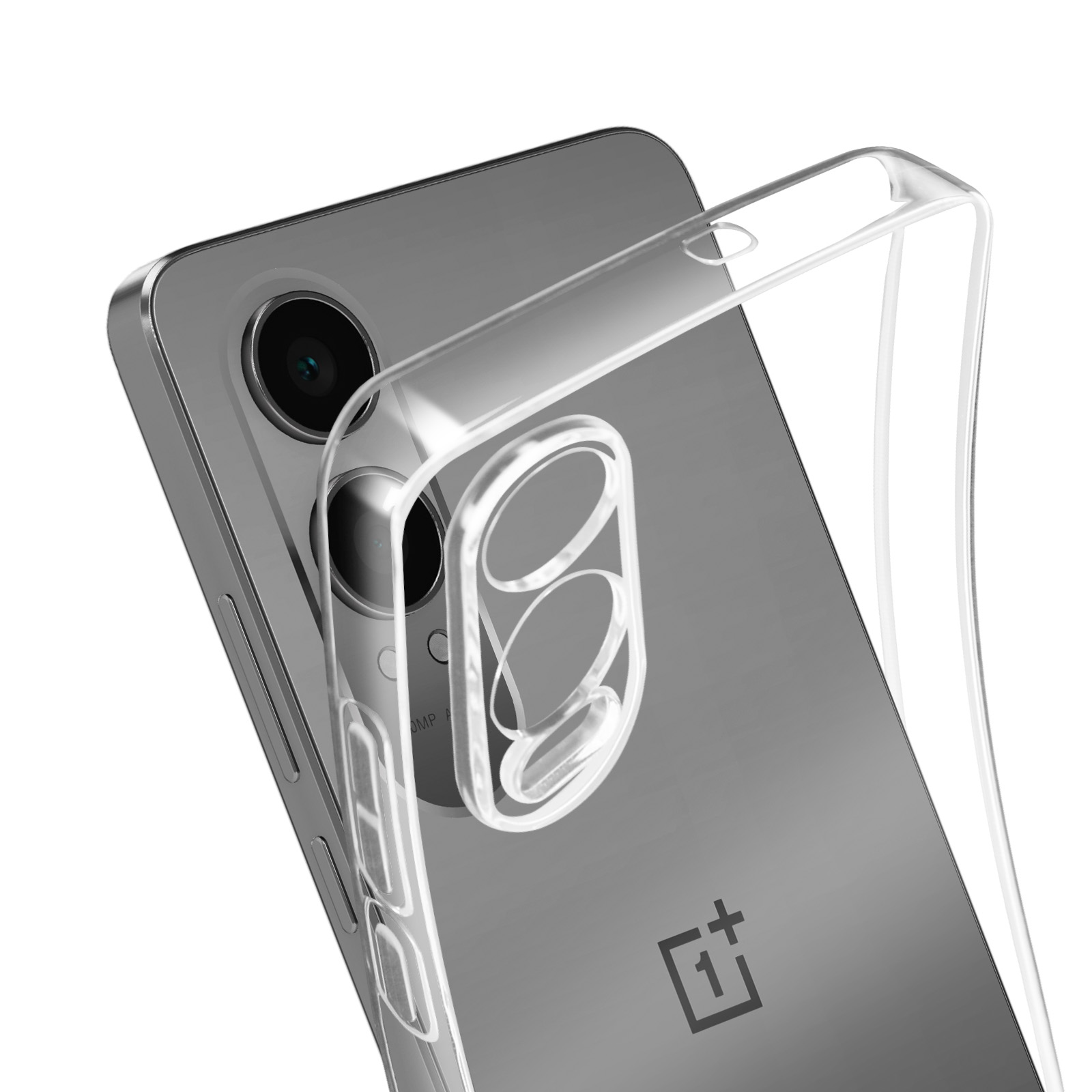 Telefono con custodia trasparente. La custodia ha ritagli per le fotocamere. Il telefono è grigio.