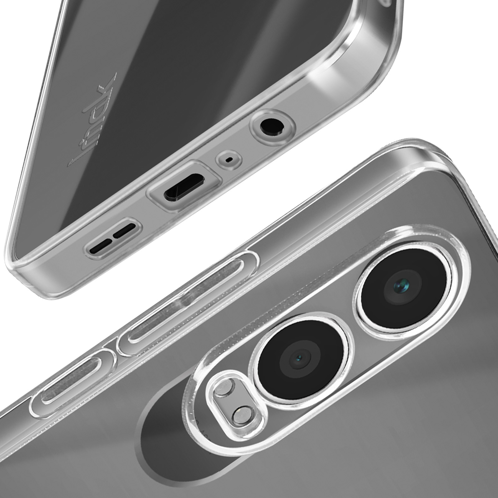 Primo piano di una custodia trasparente per telefono. Due fotocamere e un piccolo foro sono visibili.