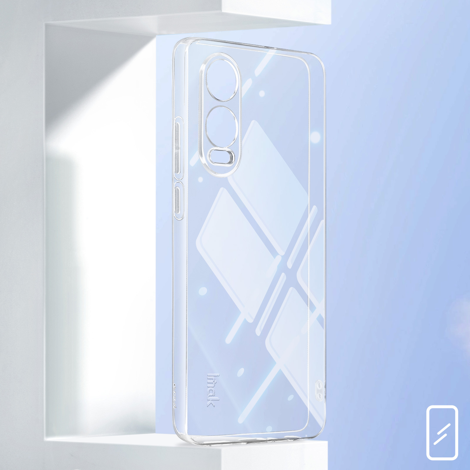 Custodia trasparente per telefono con ritagli per fotocamera e design geometrico.