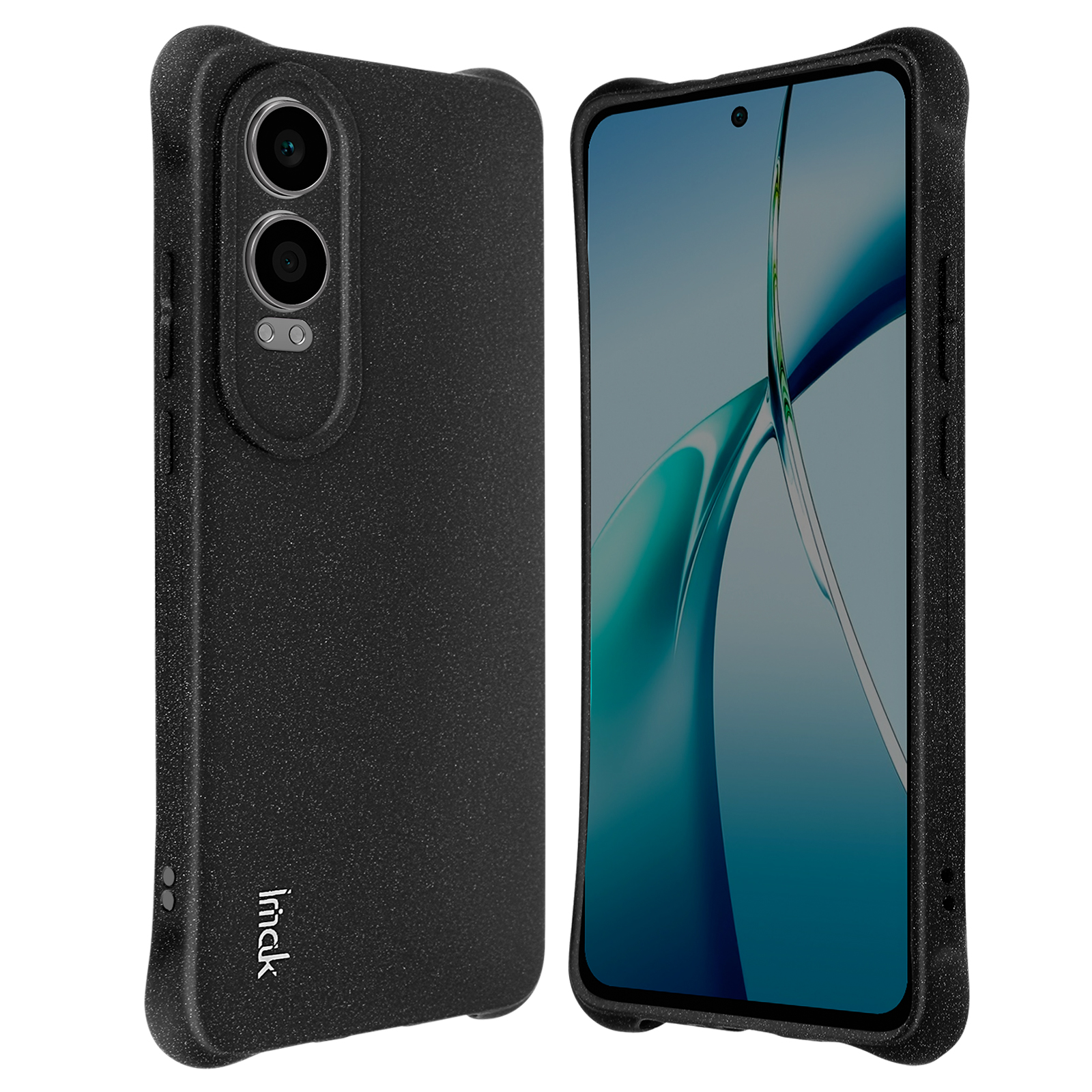 Custodia per telefono nera con due fotocamere posteriori e display su sfondo bianco.