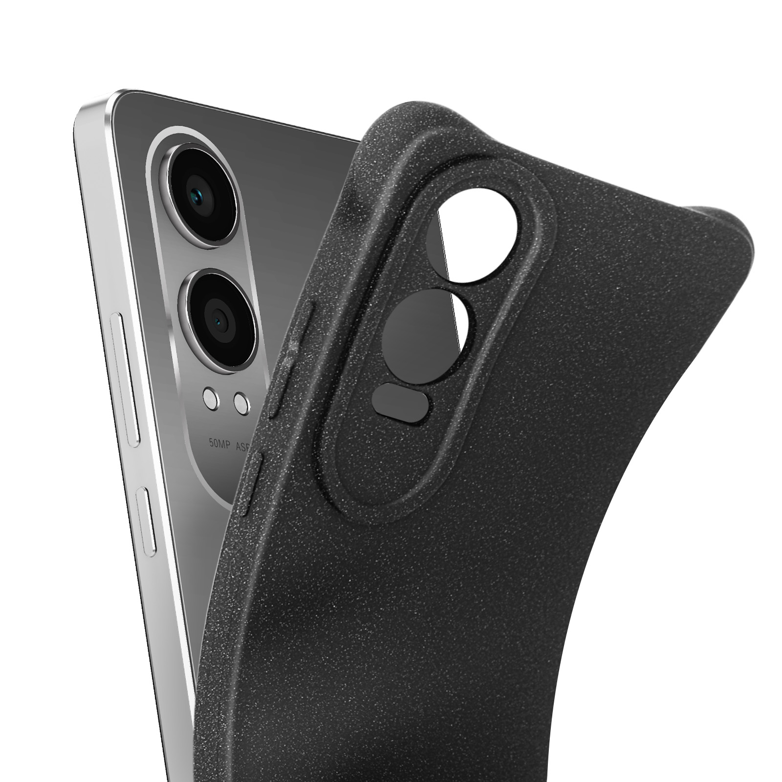 Custodia nera con un telefono. Il telefono ha due obiettivi.
