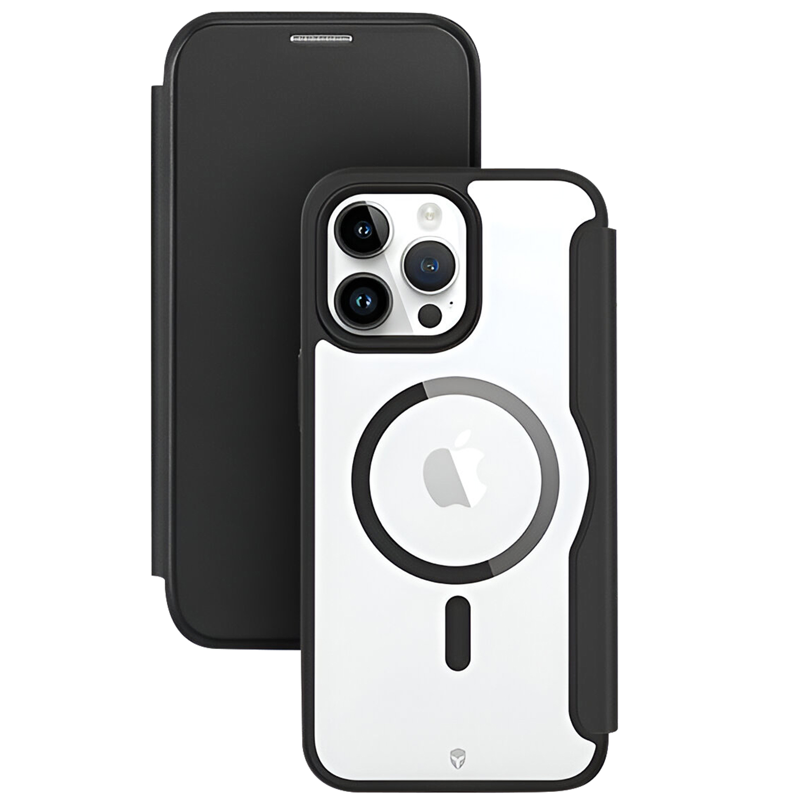 Una custodia nera per telefono con retro bianco e ritagli per la fotocamera. Logo Apple.