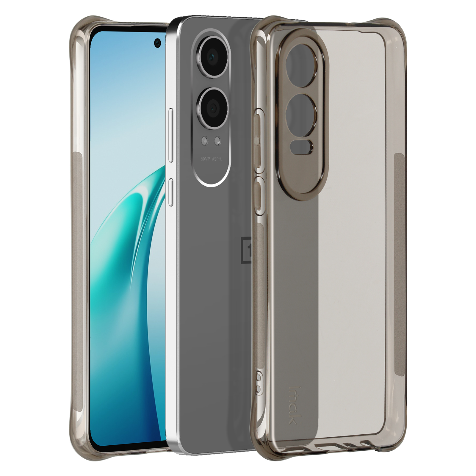 Uno smartphone in una custodia trasparente. Il telefono è argentato, con schermo blu.