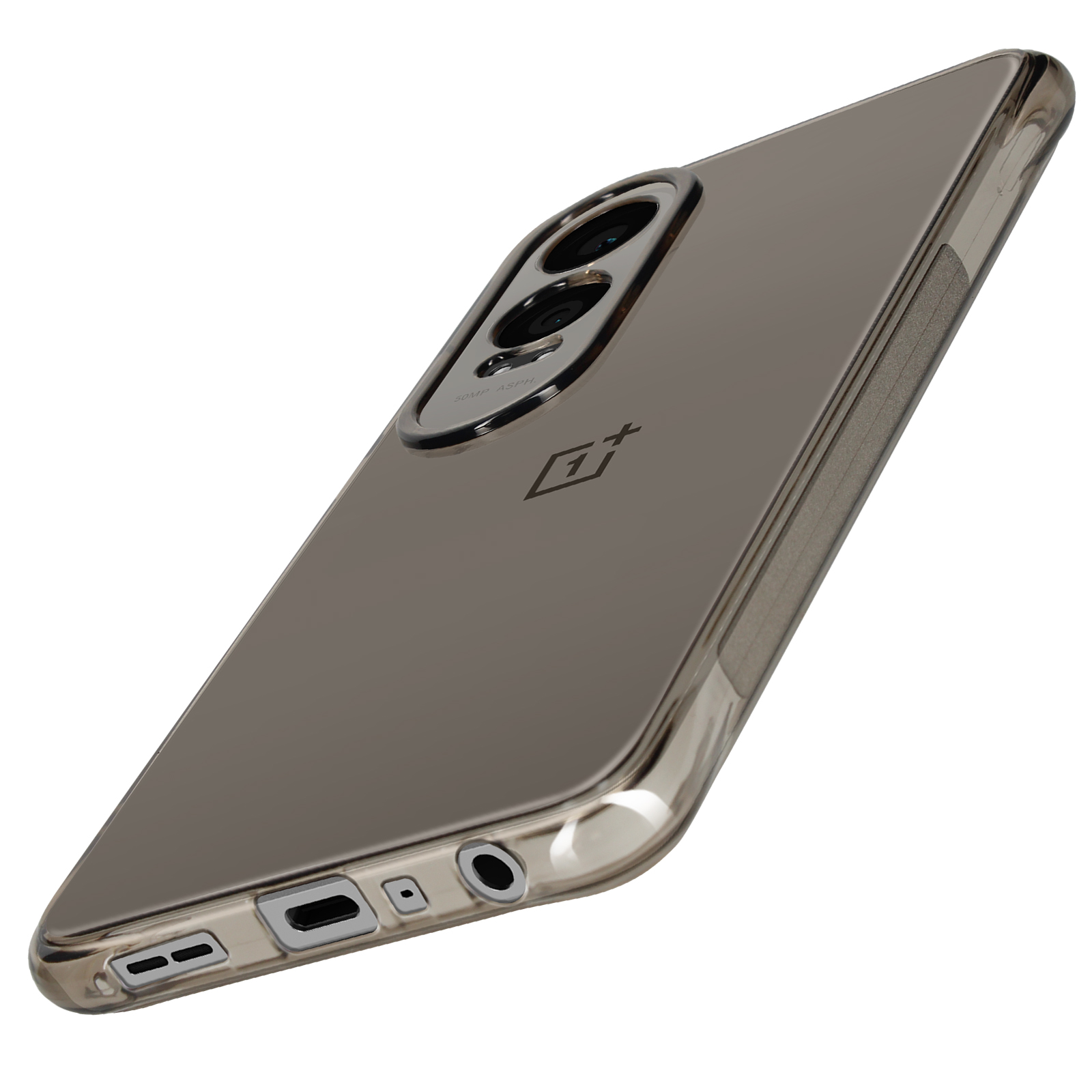Custodia trasparente per telefono, vista angolata. Il retro ha una tripla fotocamera e il logo OnePlus.