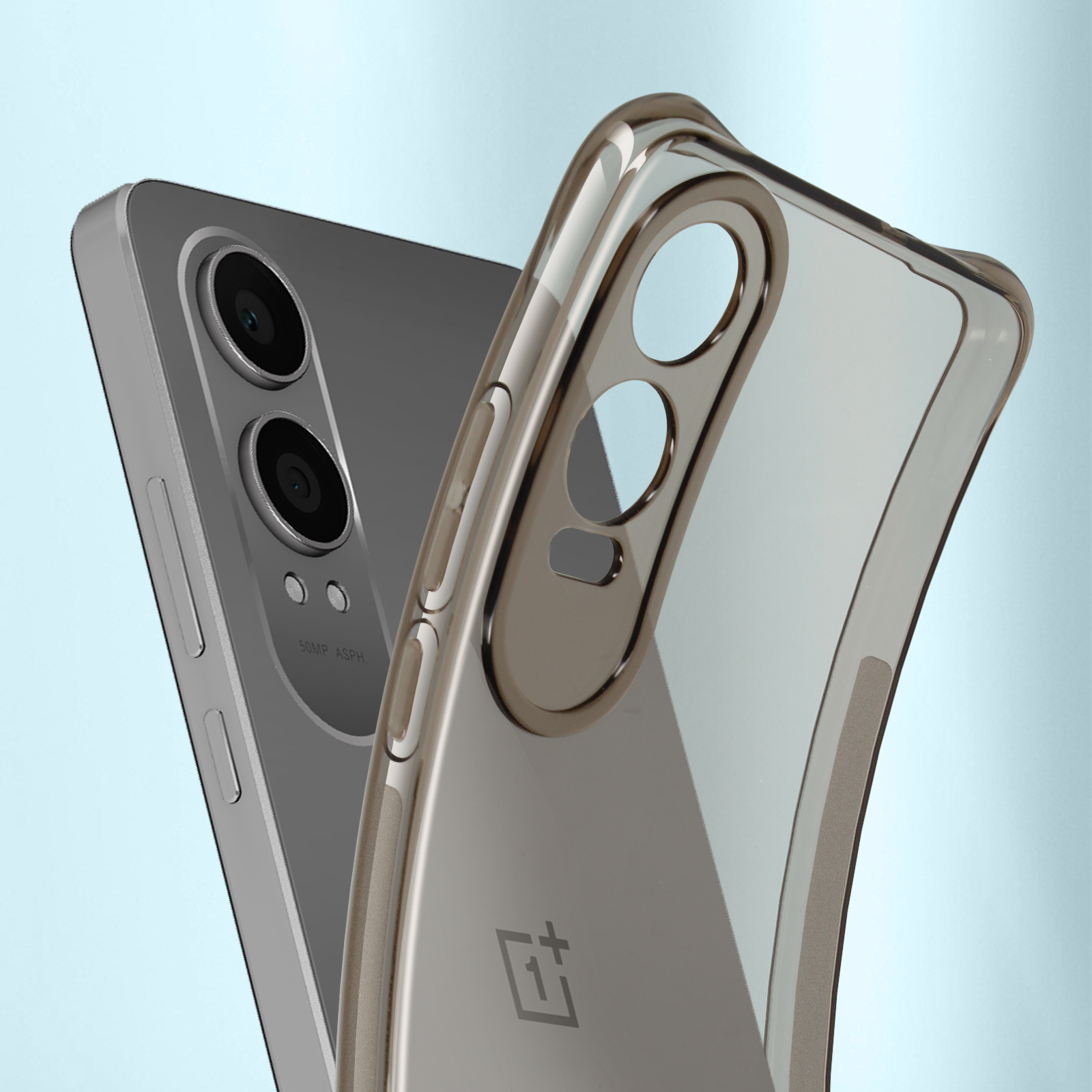 Un telefono con una custodia trasparente. Il telefono è argento, con custodia trasparente, su sfondo blu.