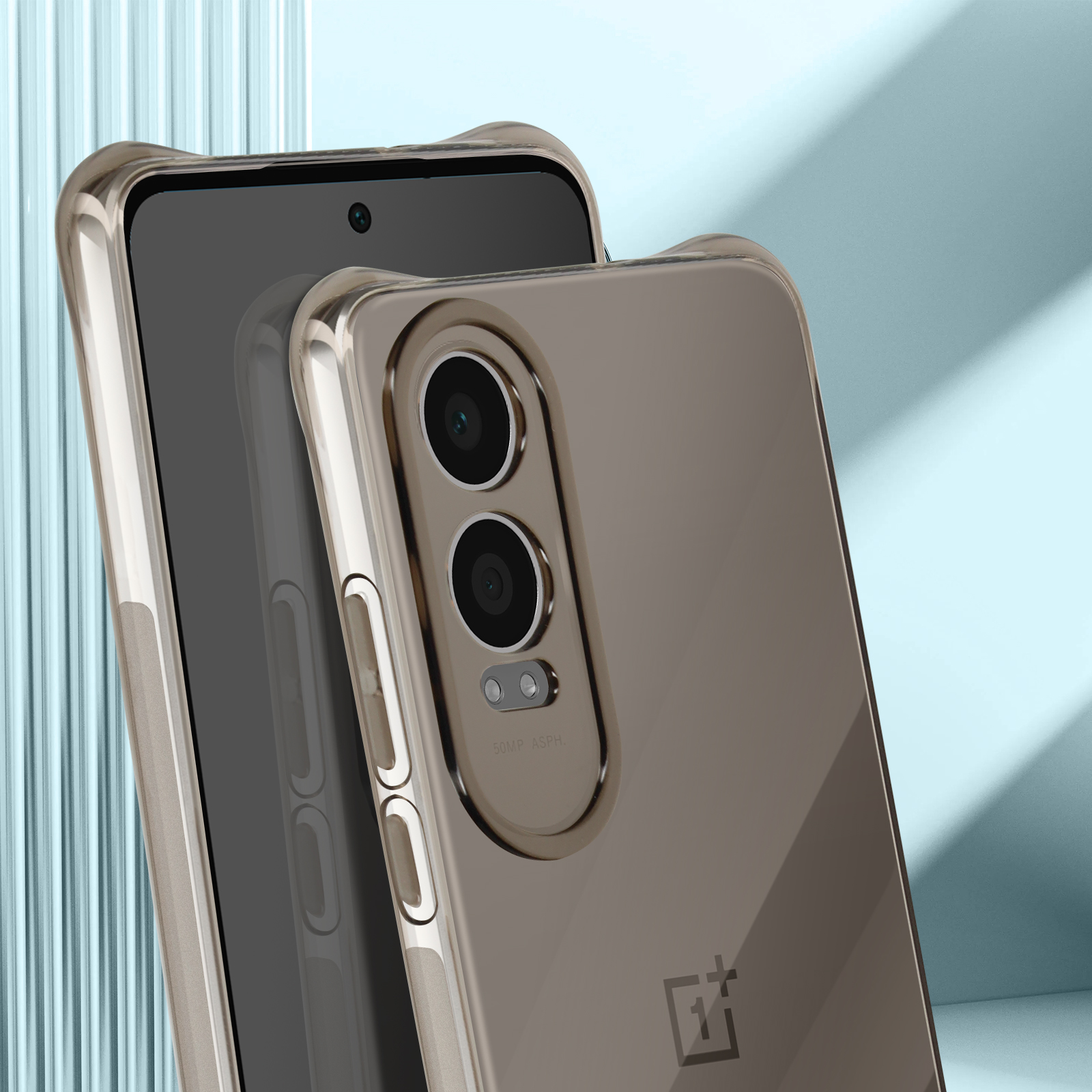 Custodia trasparente per telefono attorno a un telefono nero con due fotocamere.