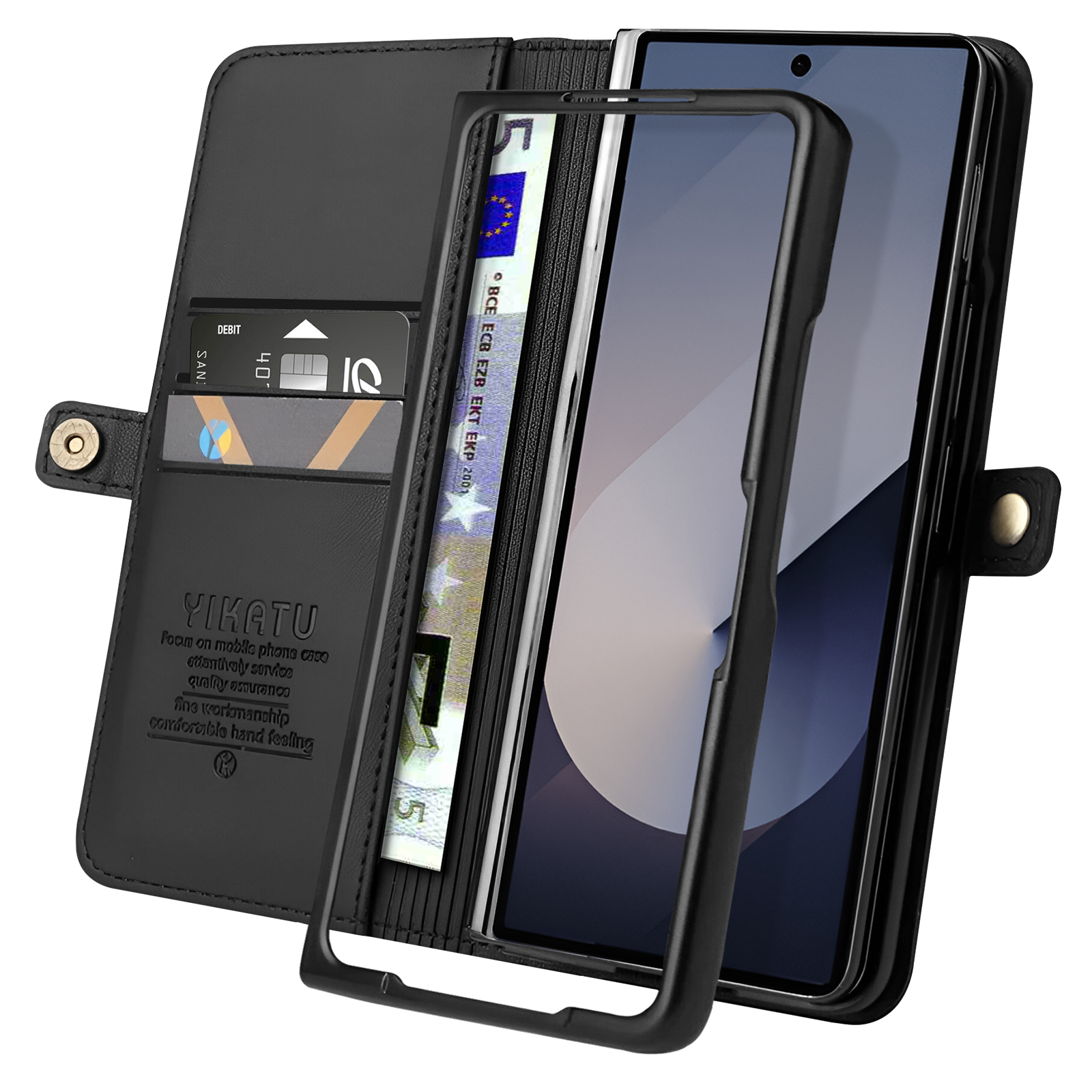 Custodia per telefono con telefono, denaro e carte.