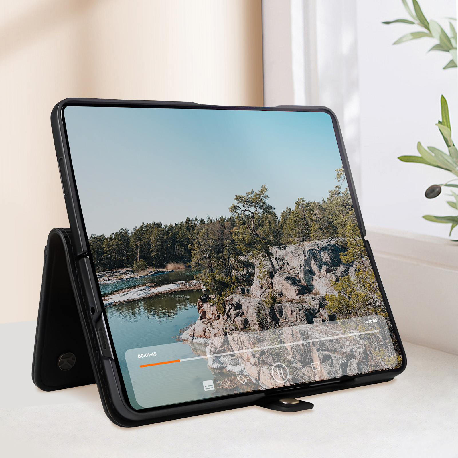 Tablet su un supporto, che mostra un video di un paesaggio. Una finestra e una pianta sullo sfondo.