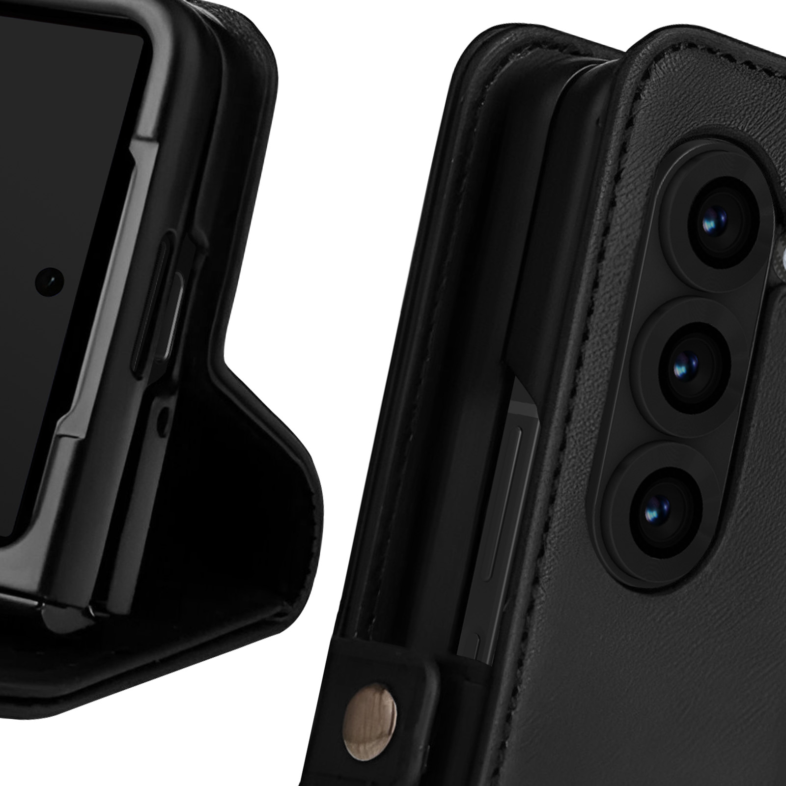 Primo piano di una custodia nera per telefono, con un telefono all'interno. La custodia è aperta e ha uno slot per schede.