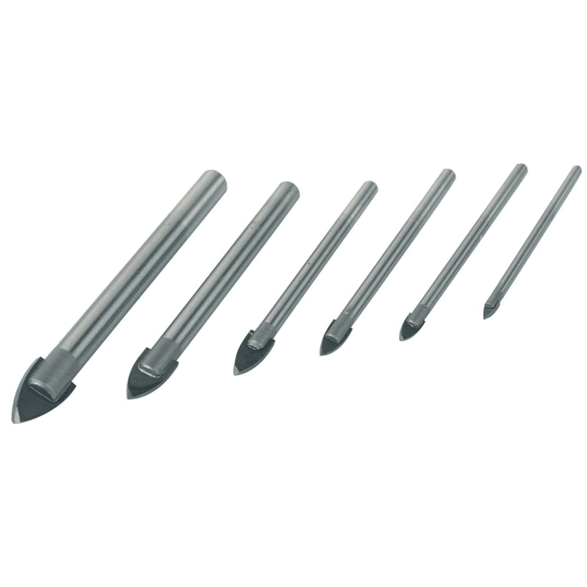 Sechs Glasbohrer, von groß bis klein, auf einer weißen Oberfläche dargestellt.