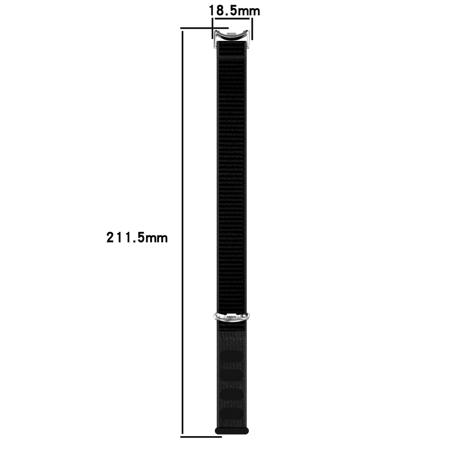 Ein schwarzes Uhrenarmband mit den Maßen 211,5 mm lang und 18,5 mm breit. Der Hintergrund ist weiß.
