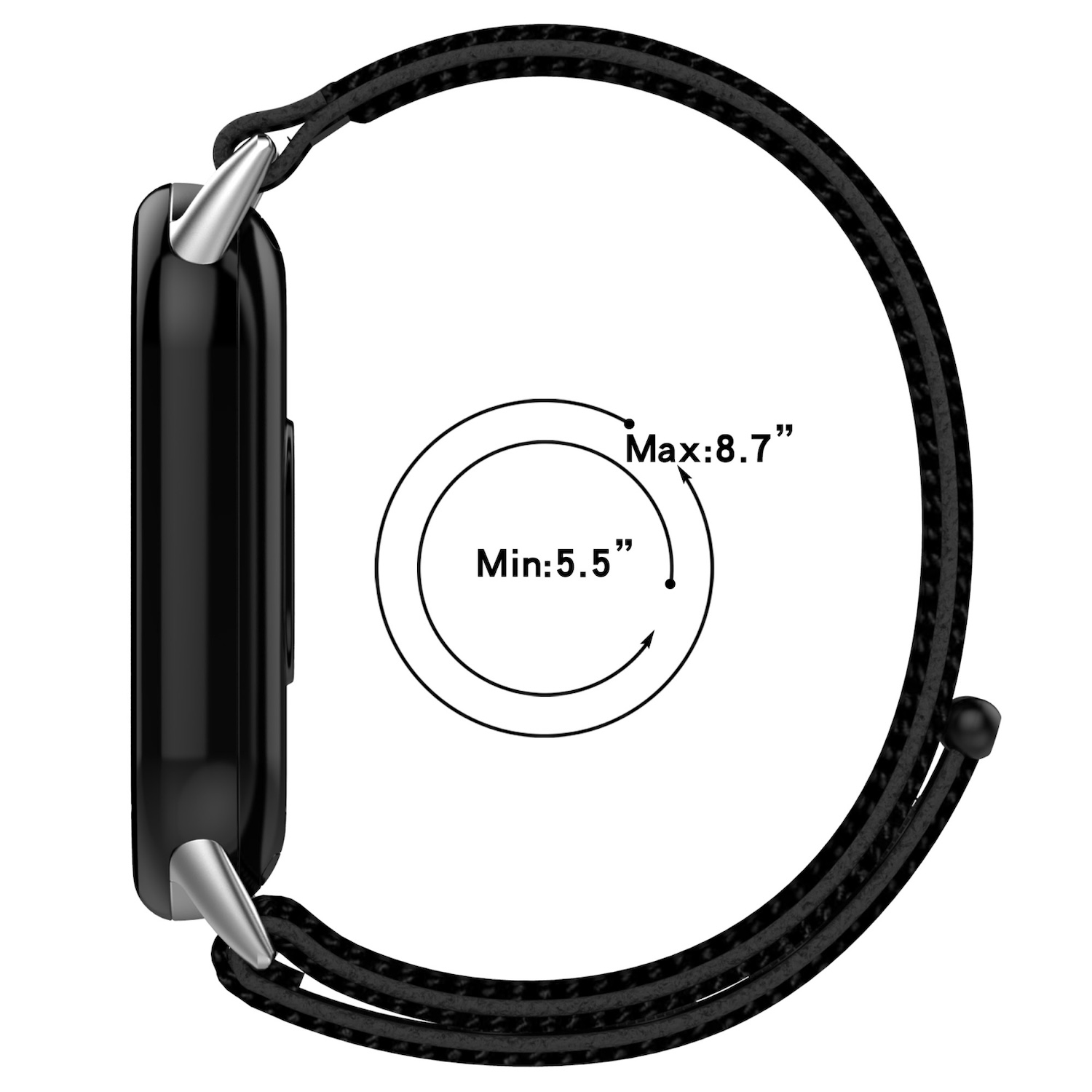 Schwarze Smartwatch mit schwarzem Armband, Größenangaben in Diagramm.