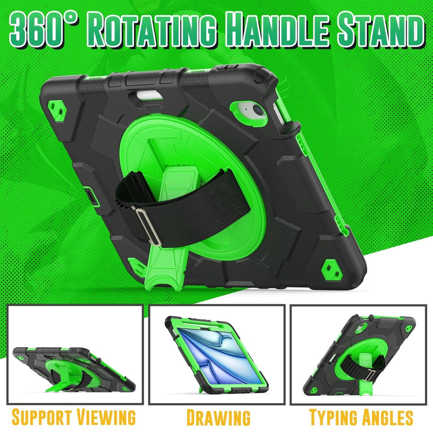 Funda de tableta negra y verde con soporte giratorio, múltiples ángulos.