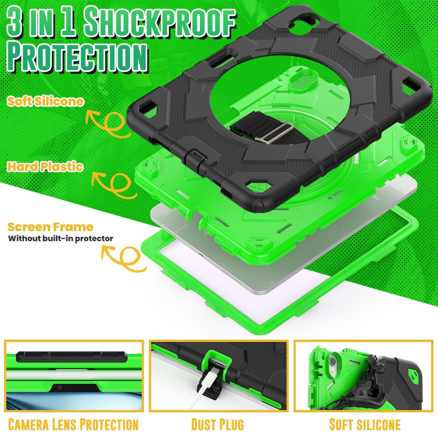 Funda para tableta a prueba de golpes verde y negra, con capas y detalles de protección.