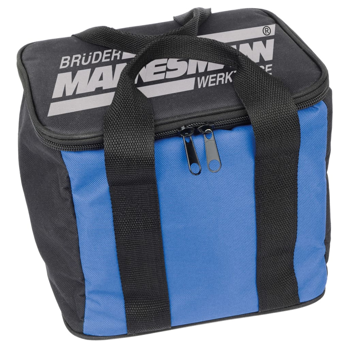 Eine blau-schwarze Tasche mit Griffen und den Worten BRUDER MANN WORK.