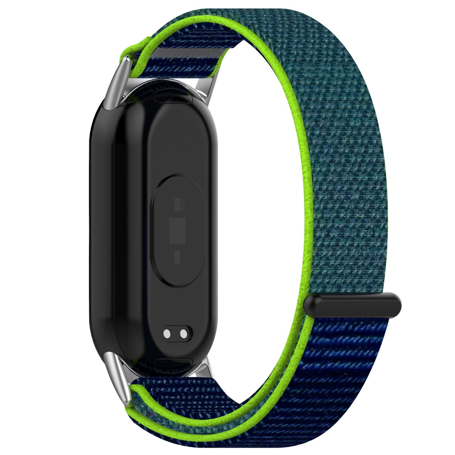 Ein schwarzer Fitnesstracker mit blau-grün gestreiftem Band, auf weißem Hintergrund.