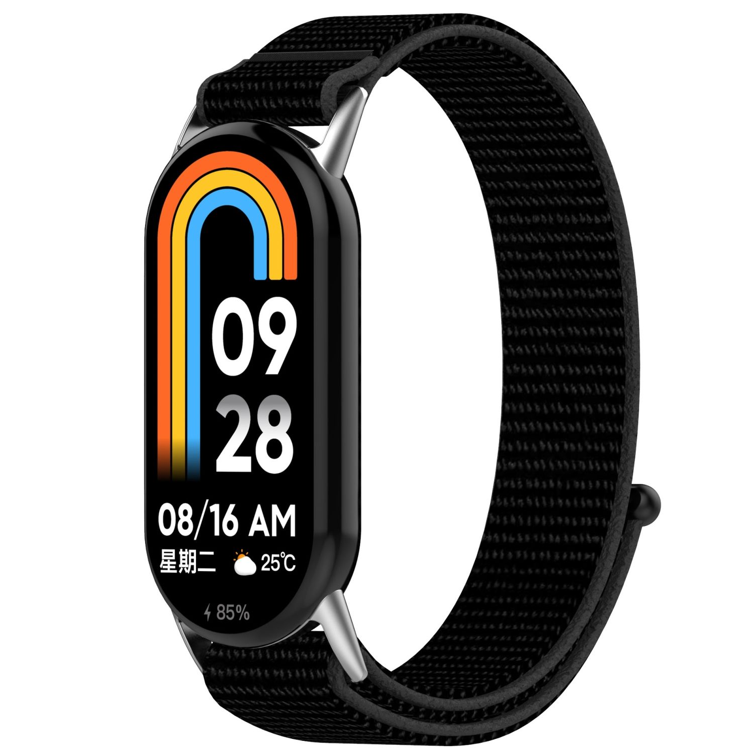 Schwarze Smartwatch mit schwarzem Armband. Der Bildschirm zeigt Zeit, Datum und Akkustand. Buntes Design.