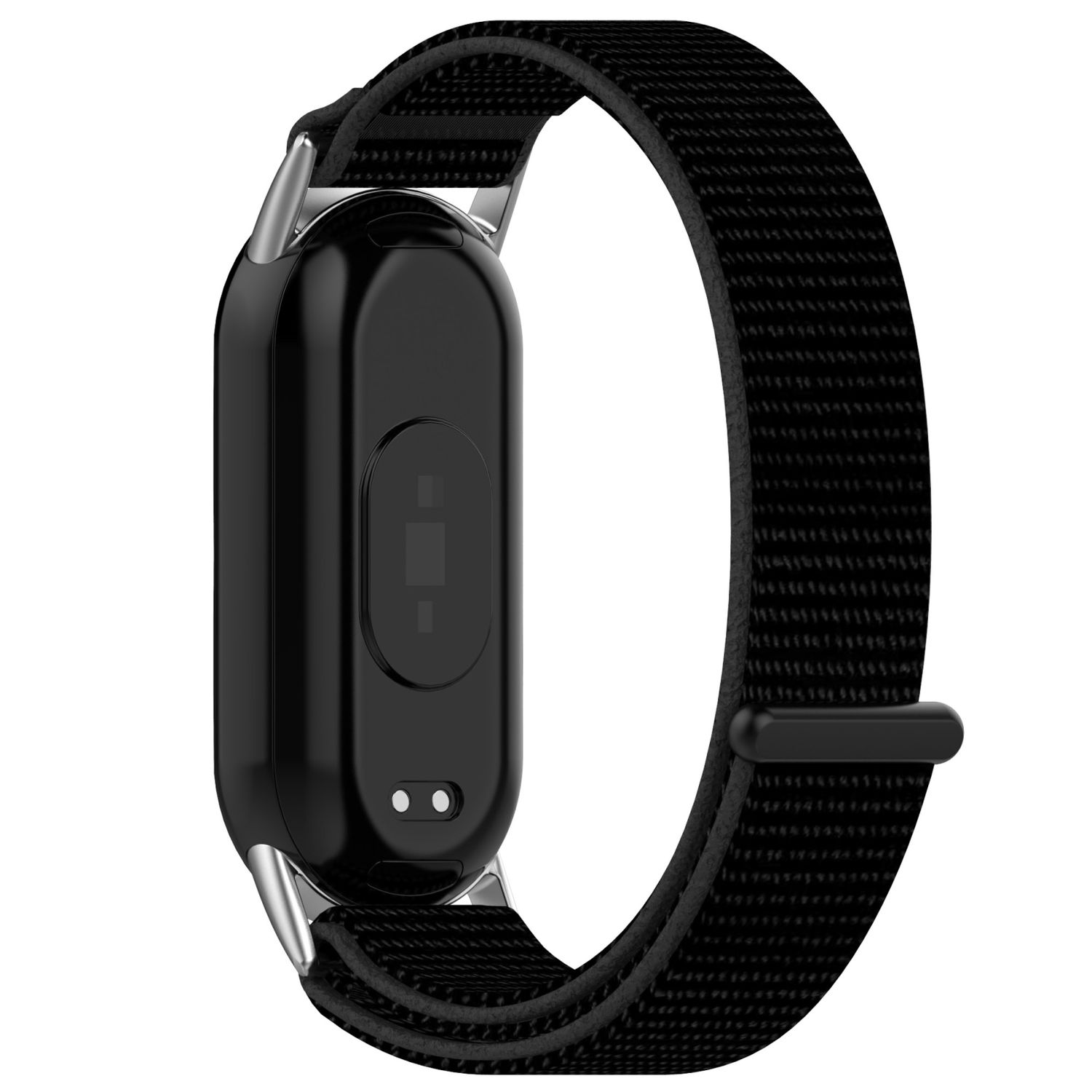 Schwarzes Smartwatch-Armband, schwarzes Band mit Uhr, Metallbefestigungen.