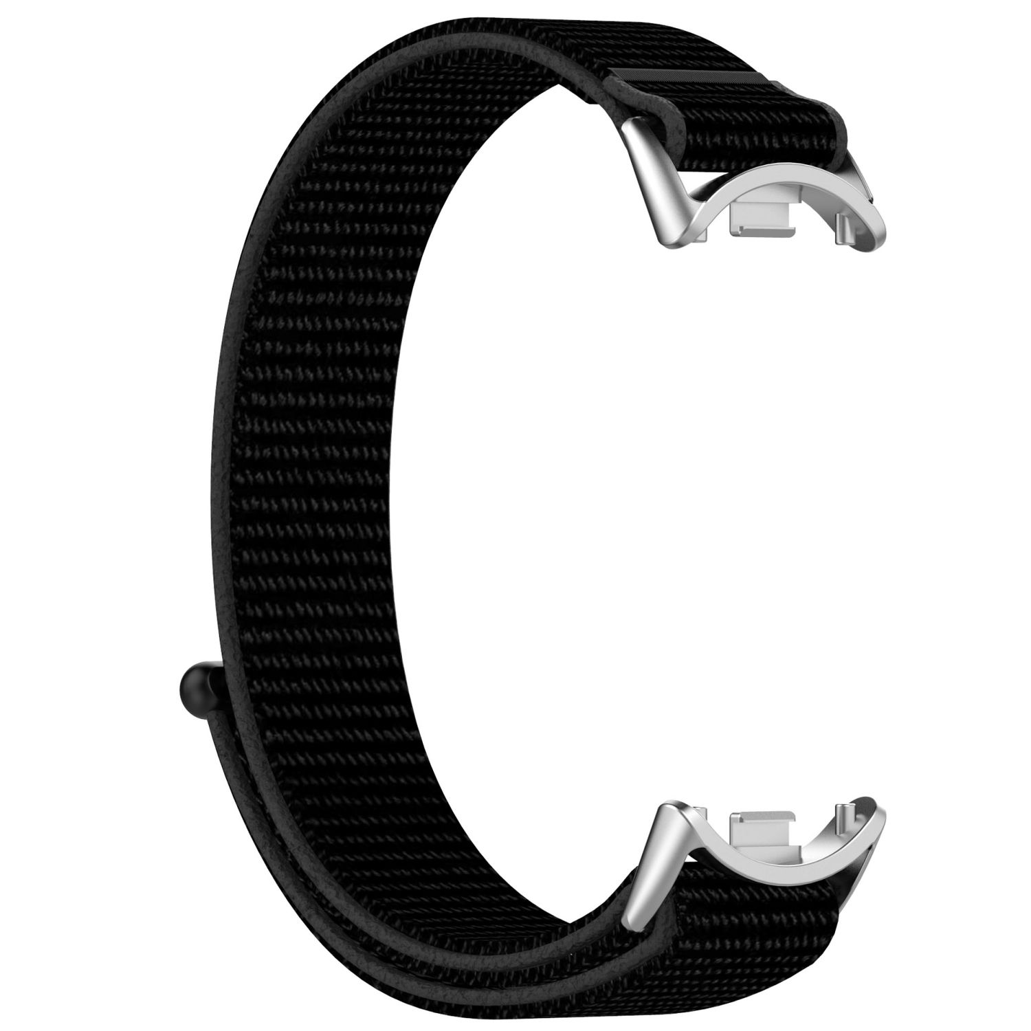 Schwarzes Armband mit silbernen Verschlüssen für eine Smartwatch. Gewebtes Material.