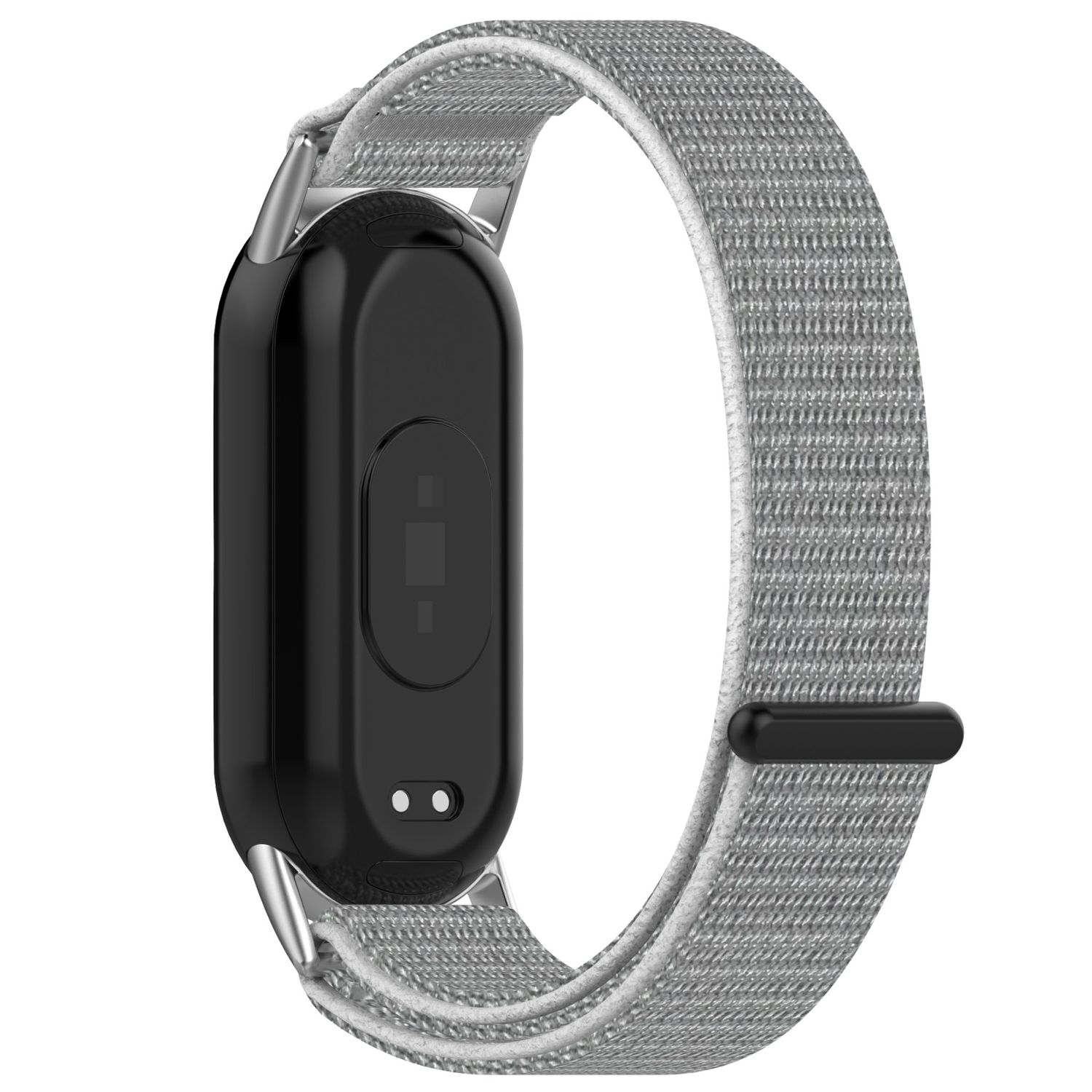 Schwarzer Fitnesstracker mit grauem Stoffband, Rückansicht.