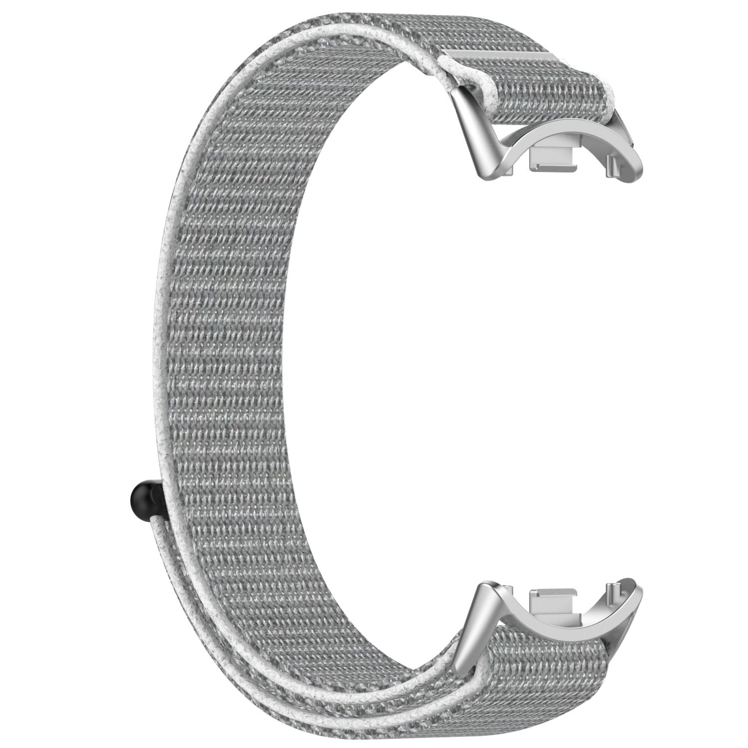 Ein graues Uhrenarmband mit silbernen Verschlüssen. Es hat C-Form. Das Band besteht aus gewebtem Material.