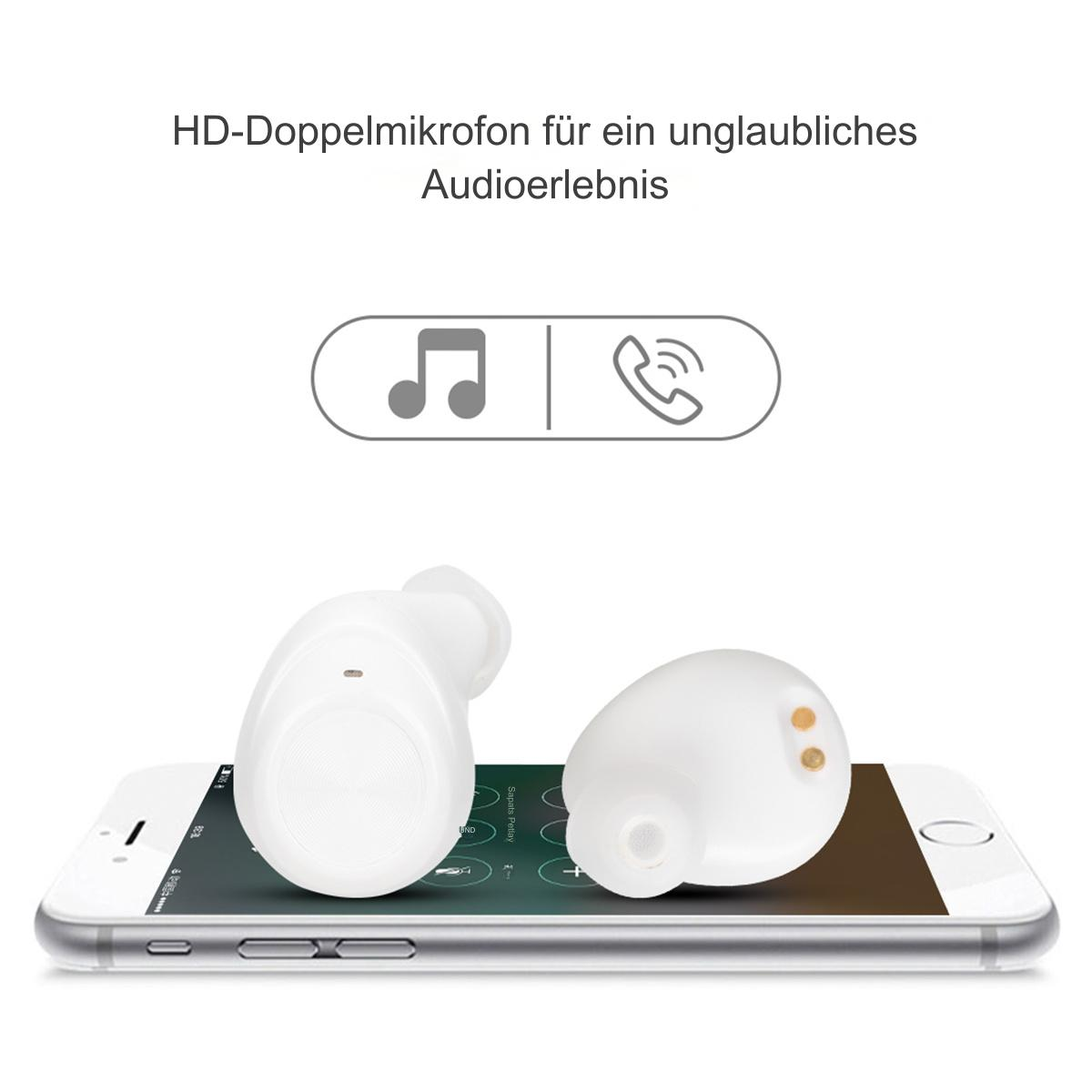 Weiße Ohrhörer auf Telefonbildschirm, Noten und Telefon-Icon darüber.