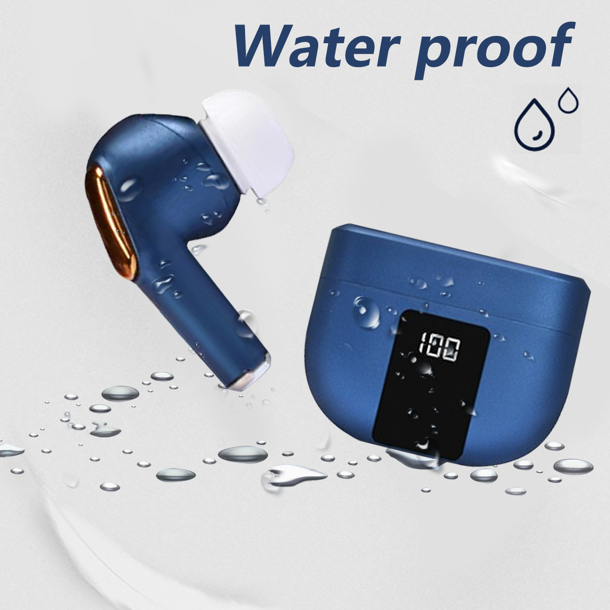 Blaue Ohrhörer mit Ladeetui. Text: Wasserdicht mit Wassertropfen.