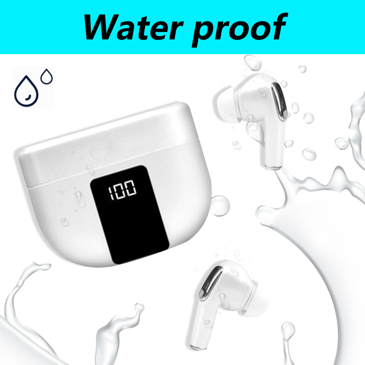 Weiße kabellose Ohrhörer mit Ladecase, Wassertropfen und Text: Wasserdicht.