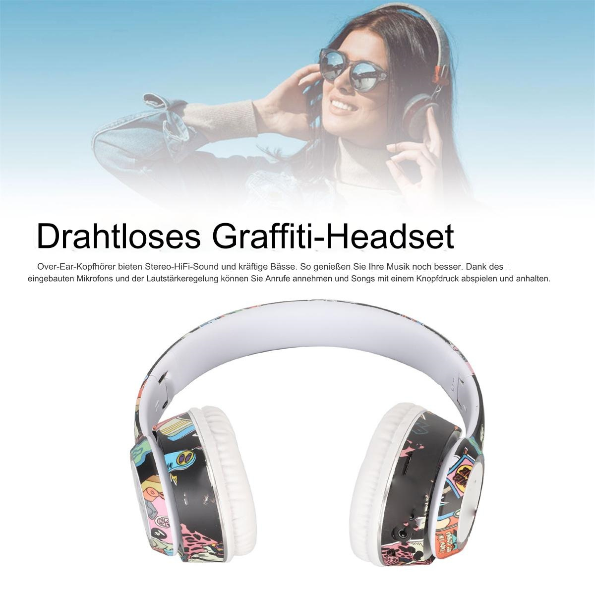 Eine Person trägt Kopfhörer mit Graffiti-Design. Text auf Deutsch beschreibt das Produkt als drahtlos.