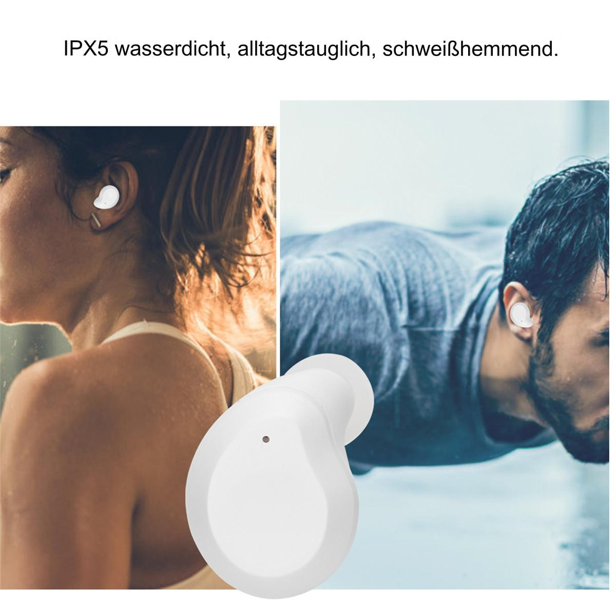 Weiße Ohrhörer im Ohr einer Person, mit einer anderen Aufnahme der Ohrhörer.