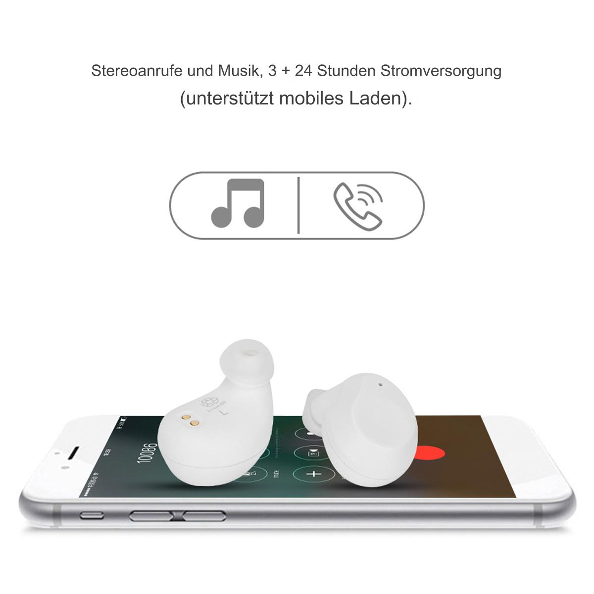 Weiße kabellose Ohrhörer auf einem Telefon, Musik- und Anrufsymbole.