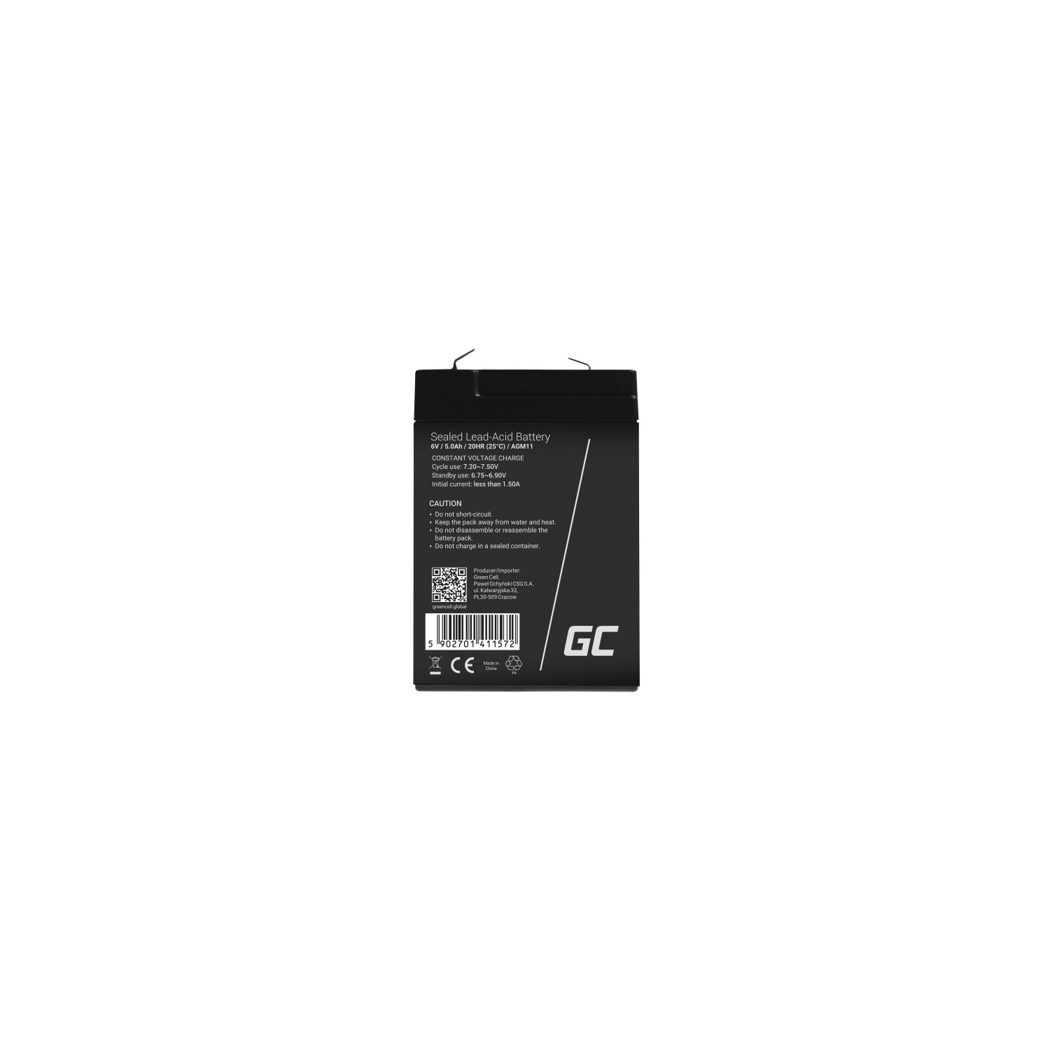 Schwarze, versiegelte Blei-Säure-Batterie mit Warnhinweisen. Weißer Hintergrund.
