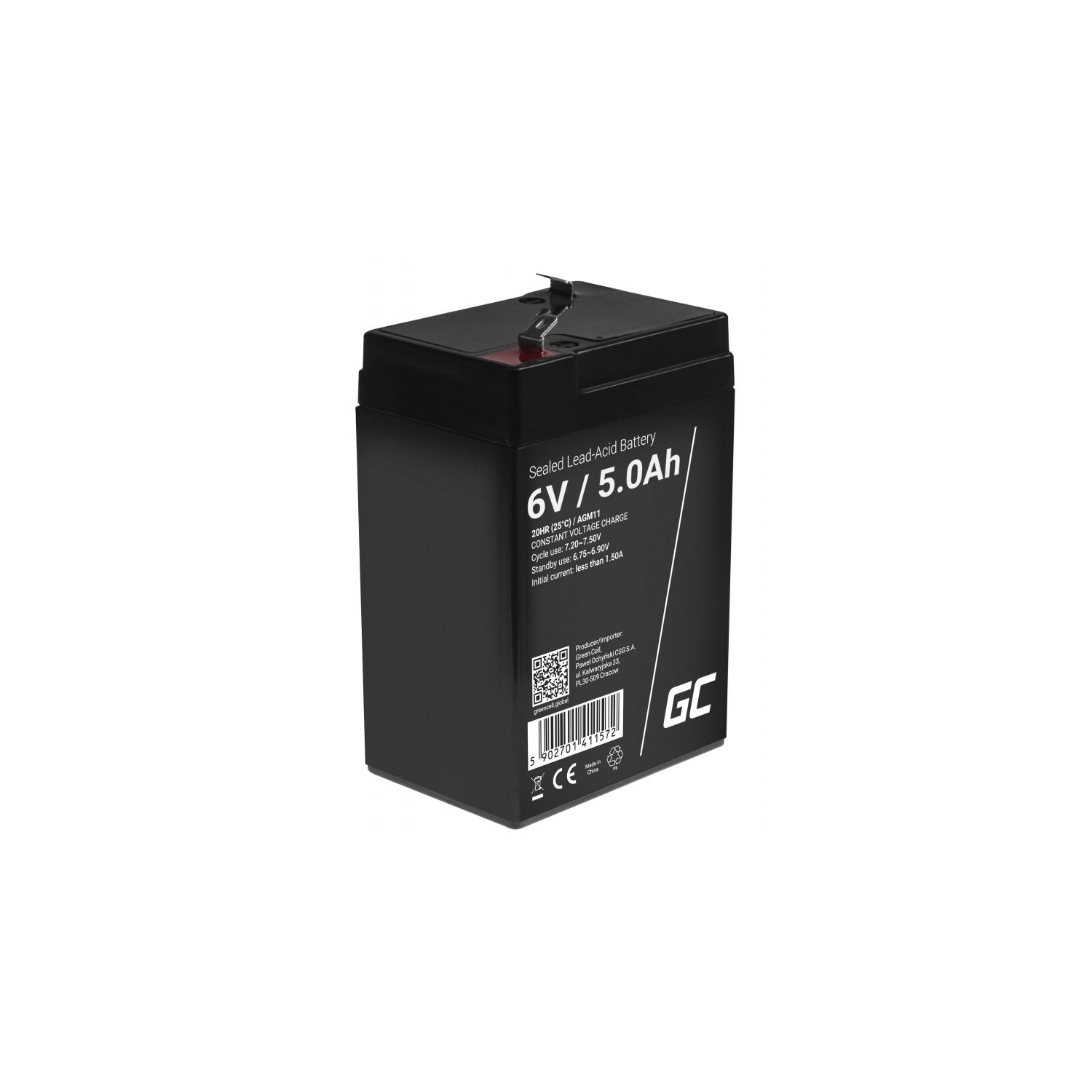 Schwarze rechteckige Batterie mit der Aufschrift 6V/5.0Ah. Die Batterie hat einen QR-Code und weitere Produktinformationen.