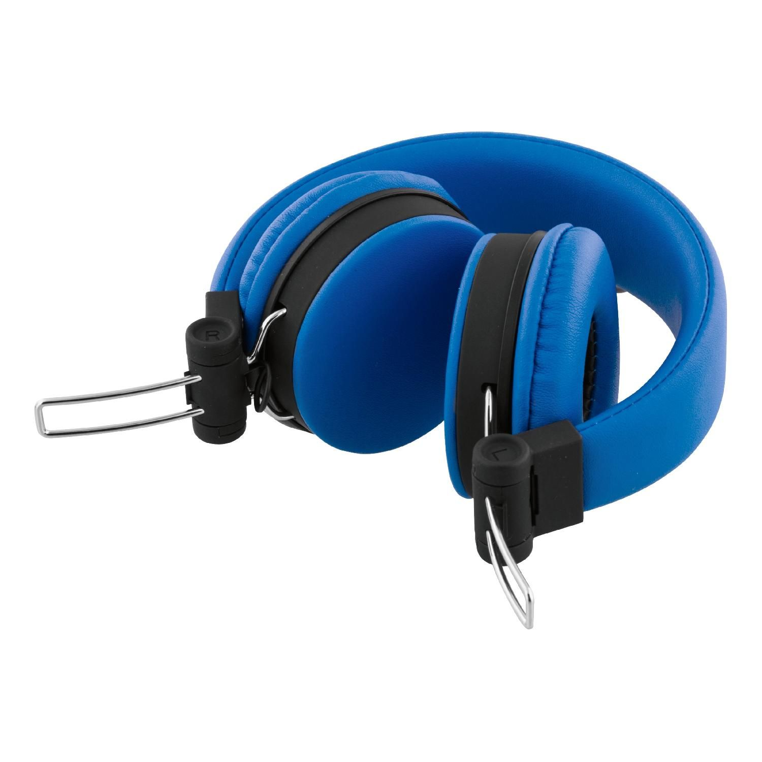 Blaue Kopfhörer mit schwarzen Ohrmuscheln auf weißem Hintergrund.