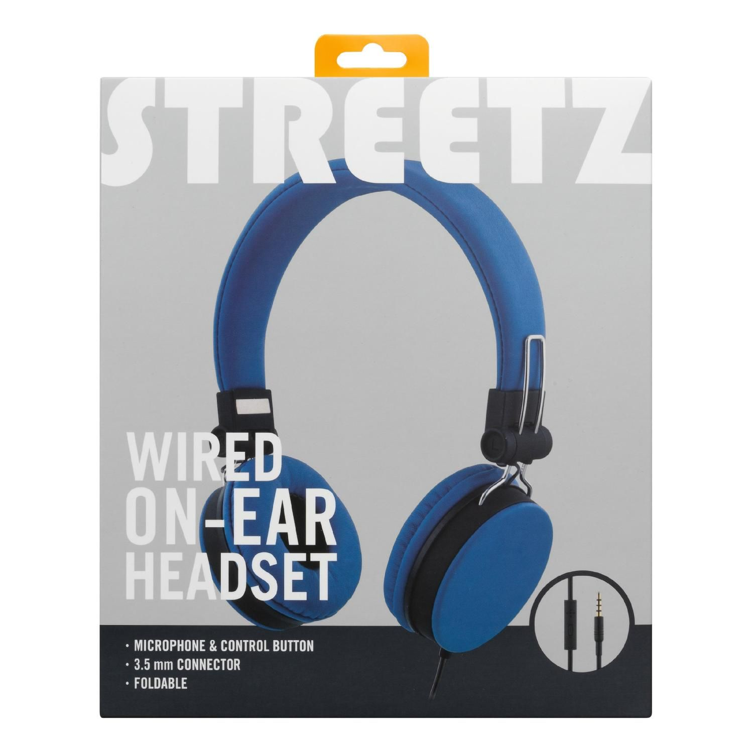 Blaue und schwarze Kopfhörer in einer Box. Text über das Headset.