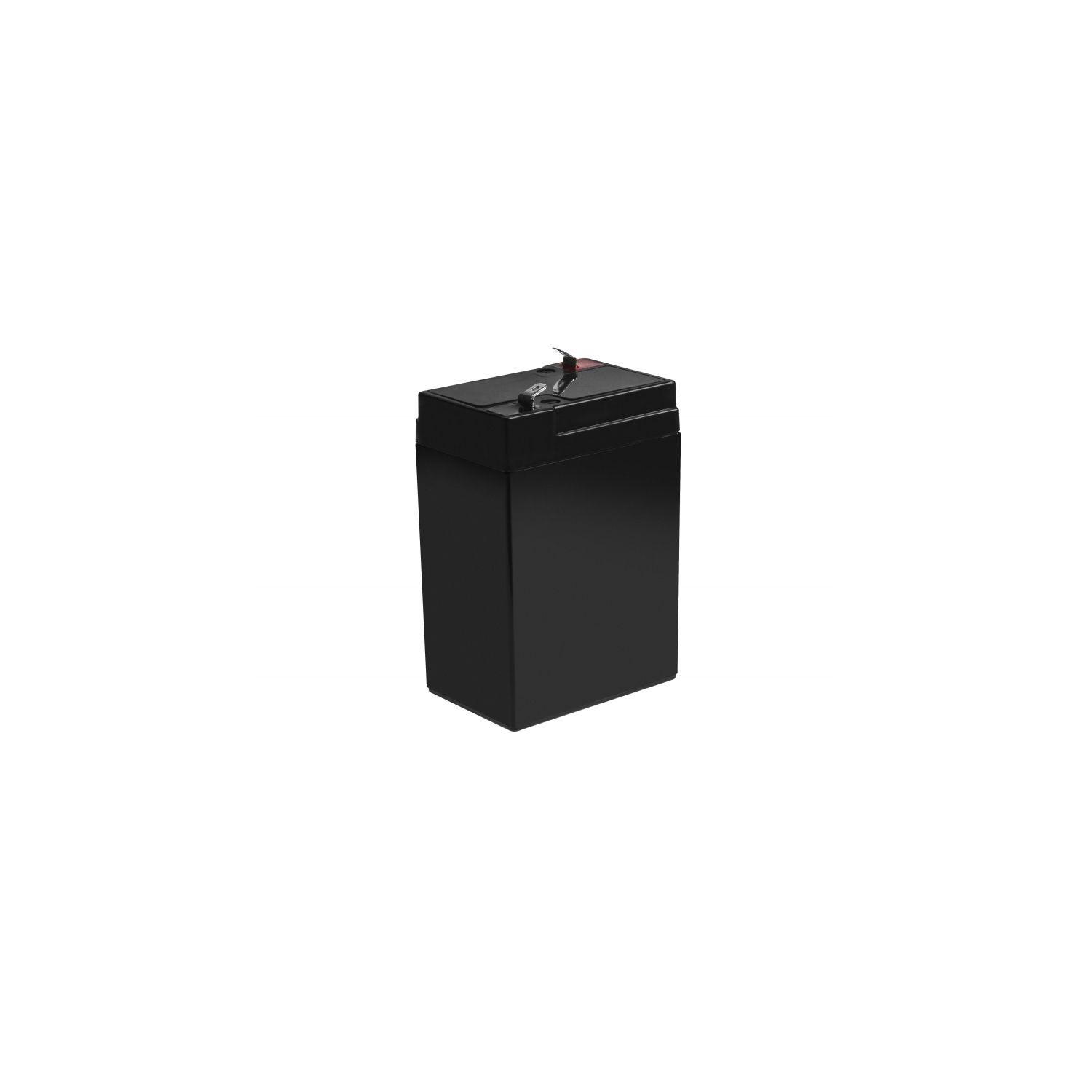 Schwarze rechteckige Batterie mit zwei Anschlüssen. Die Batterie befindet sich auf weißem Hintergrund.